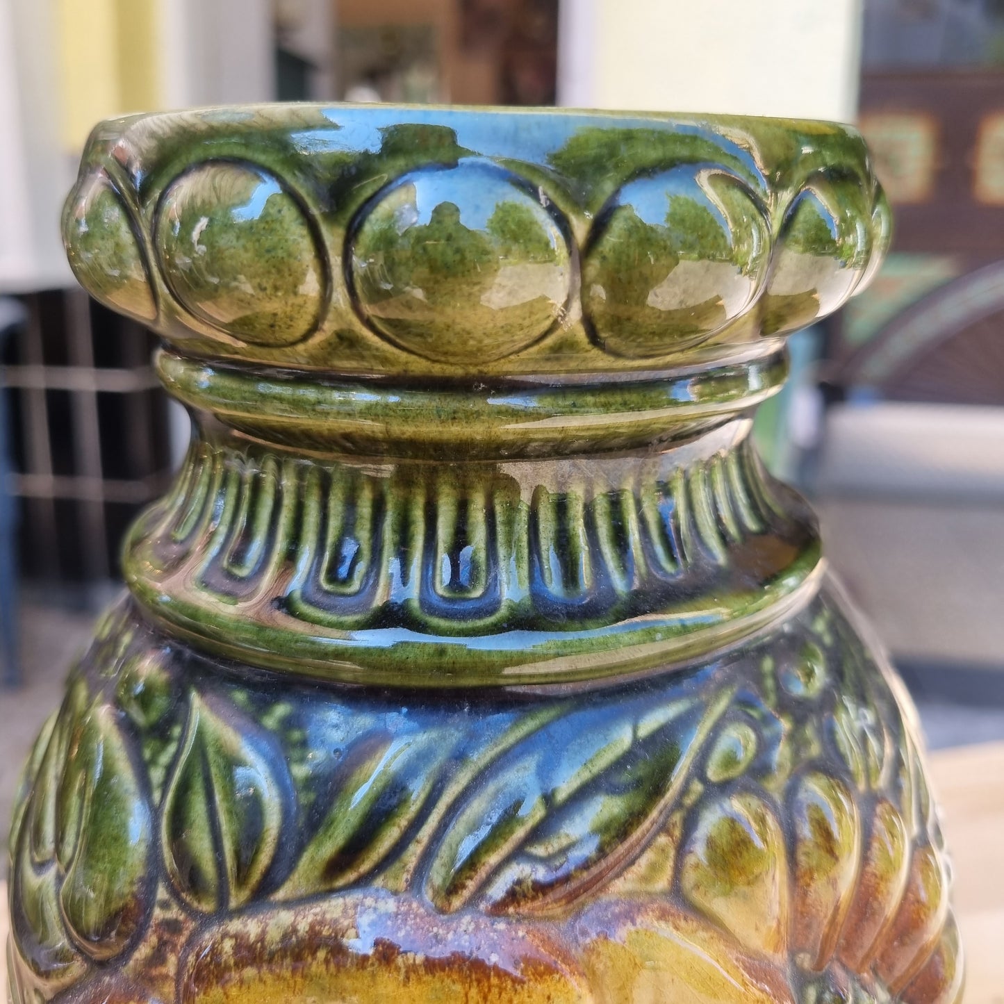 50er Jahre Keramik Vase Handmade grün Blumen Retro Vintage