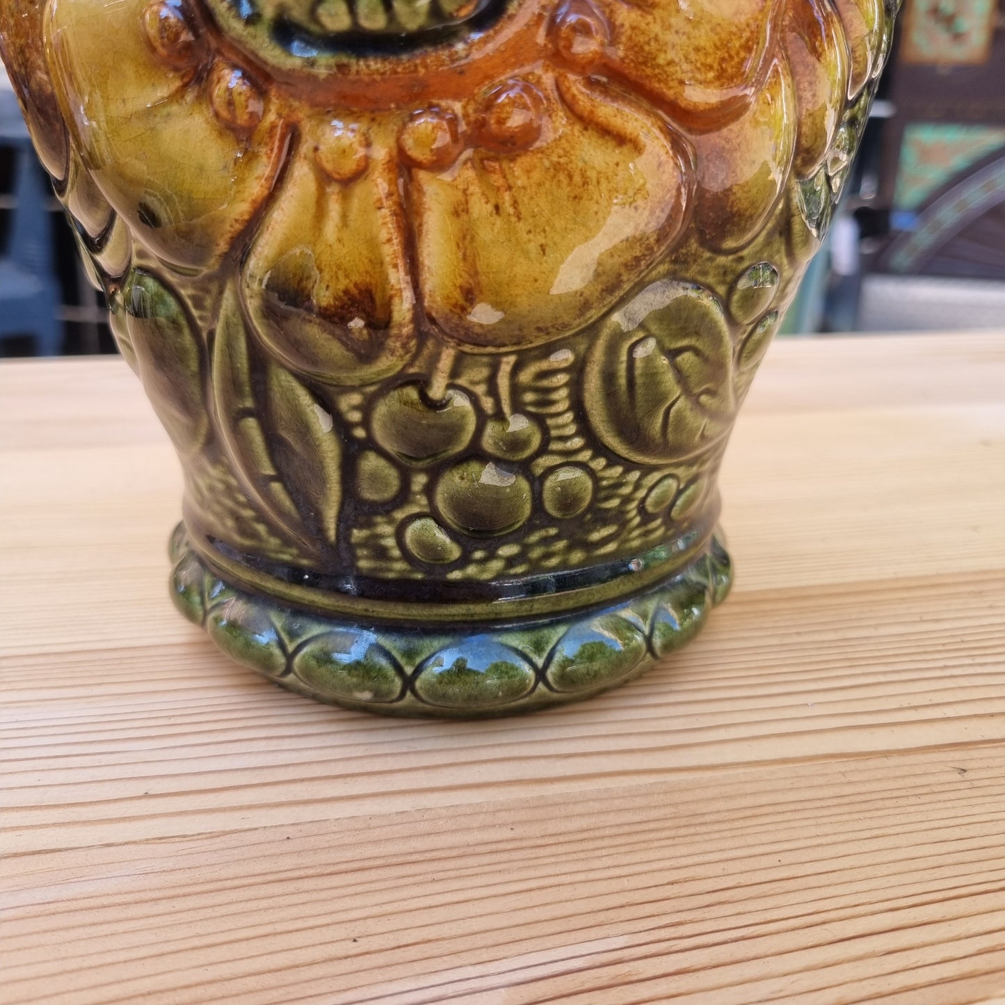 50er Jahre Keramik Vase Handmade grün Blumen Retro Vintage