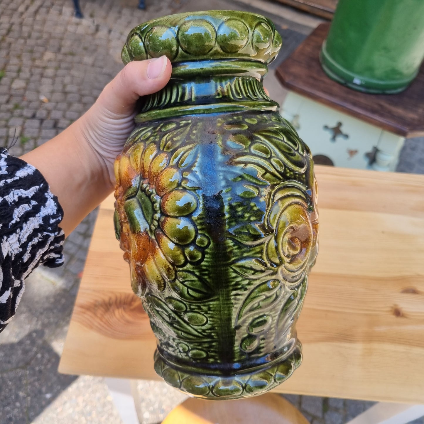 50er Jahre Keramik Vase Handmade grün Blumen Retro Vintage