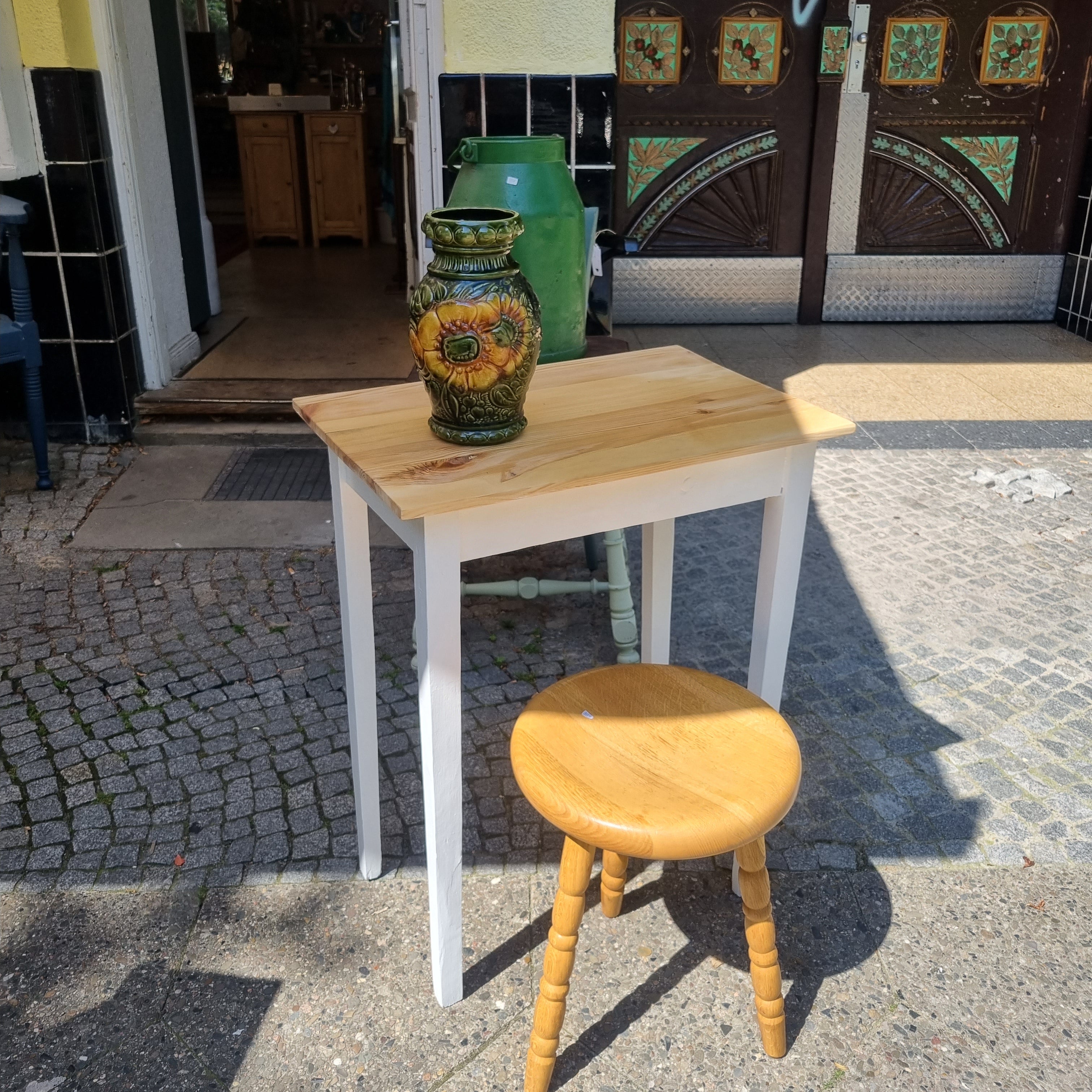 50er Jahre Keramik Vase Handmade grün Blumen Retro Vintage