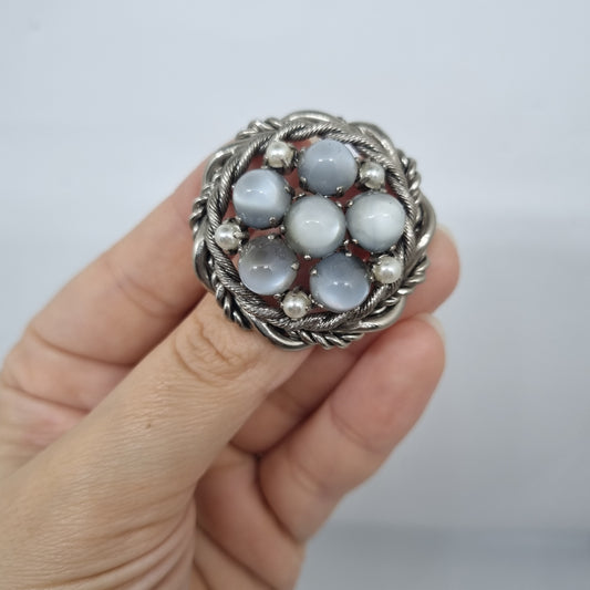 Einzigartige große Antik Brosche aus den 50ern Modeschmuck Grau Silber "Lady Simona"