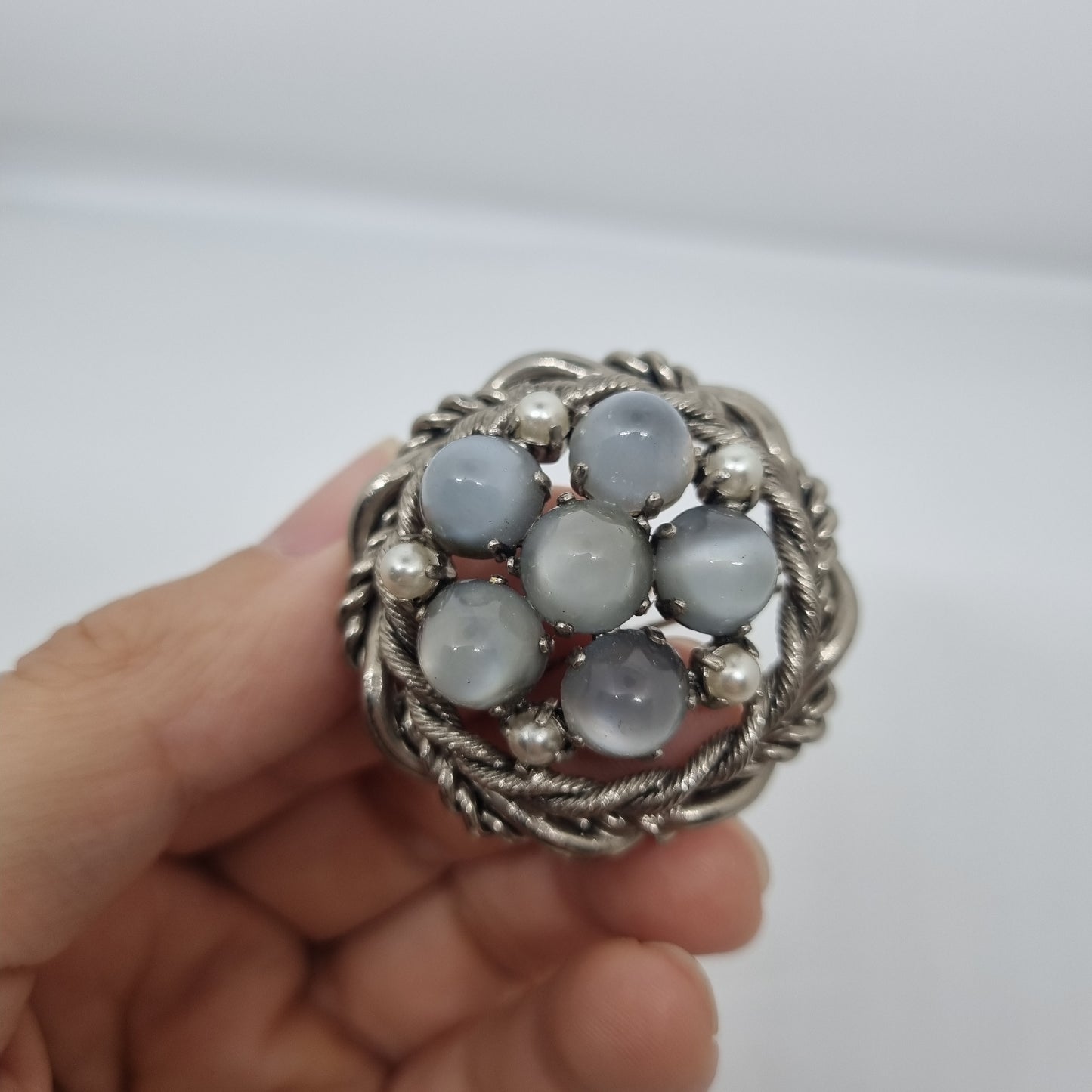 Einzigartige große Antik Brosche aus den 50ern Modeschmuck Grau Silber "Lady Simona"