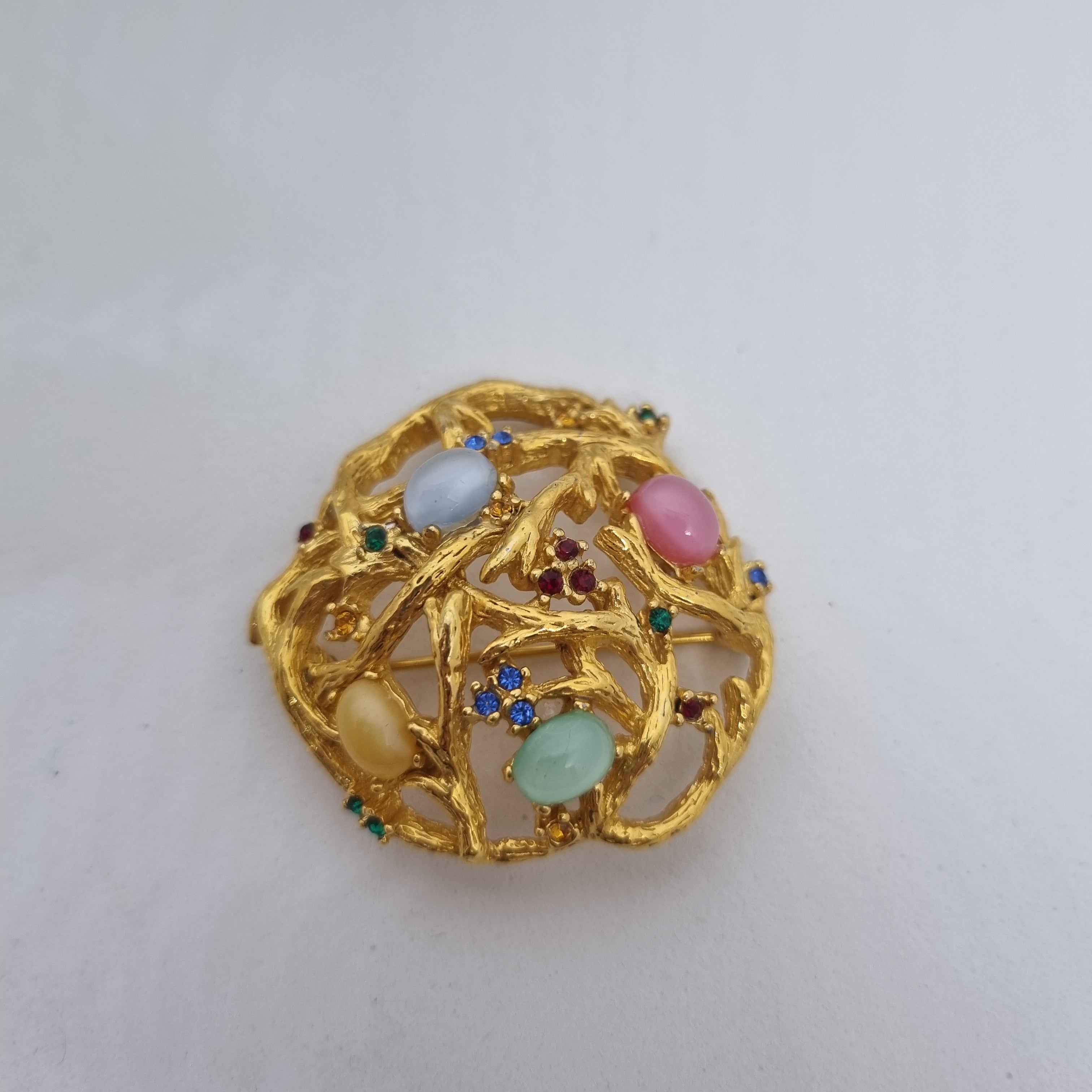 Einzigartige  große Antike Brosche aus den 50ern Modeschmuck Gold Pastel Strass "Eish of life"