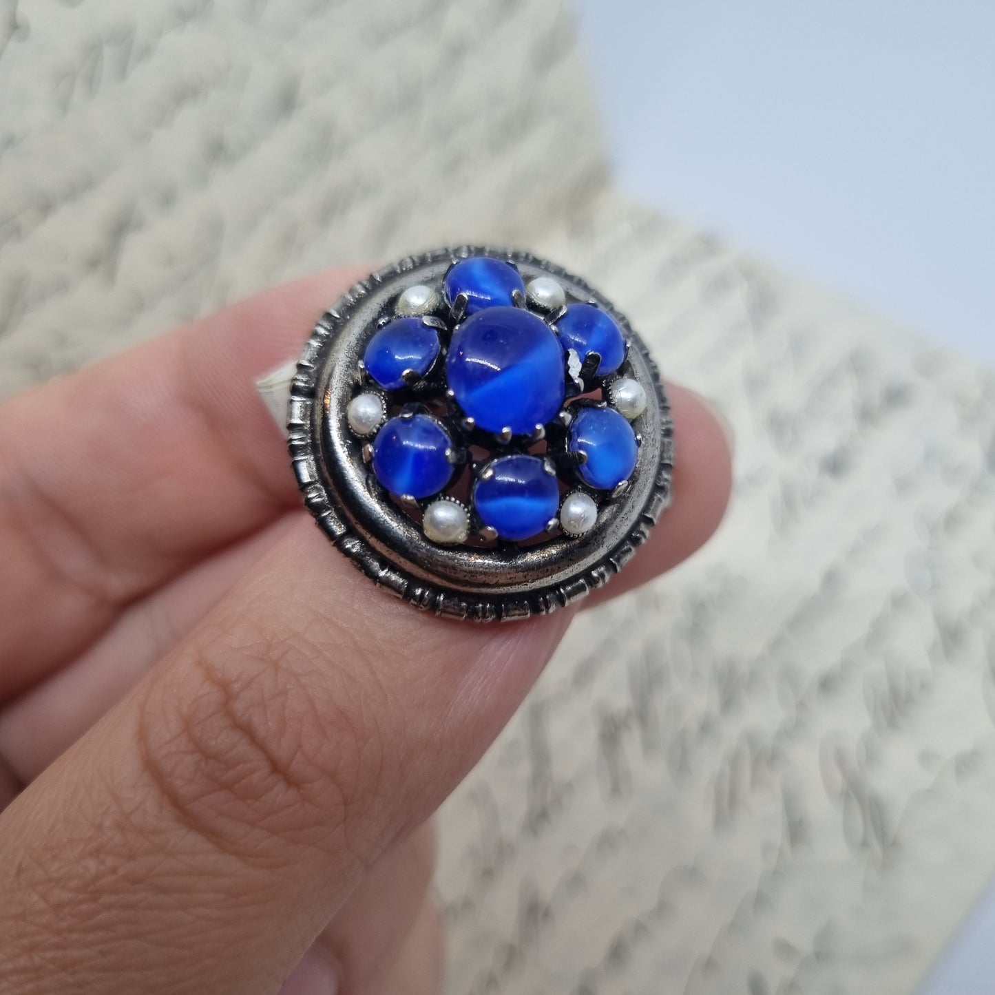 Einzigartige Antike Brosche aus den 50ern Modeschmuck Silber Blau "Lady Zarka"