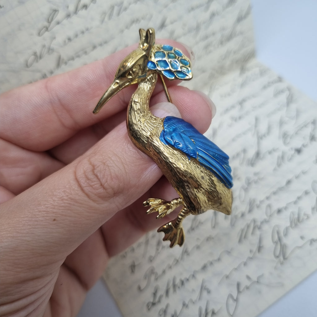 Einzigartige große Antike Brosche aus den 50ern Modeschmuck "wunderschöner Kranich Vogel"