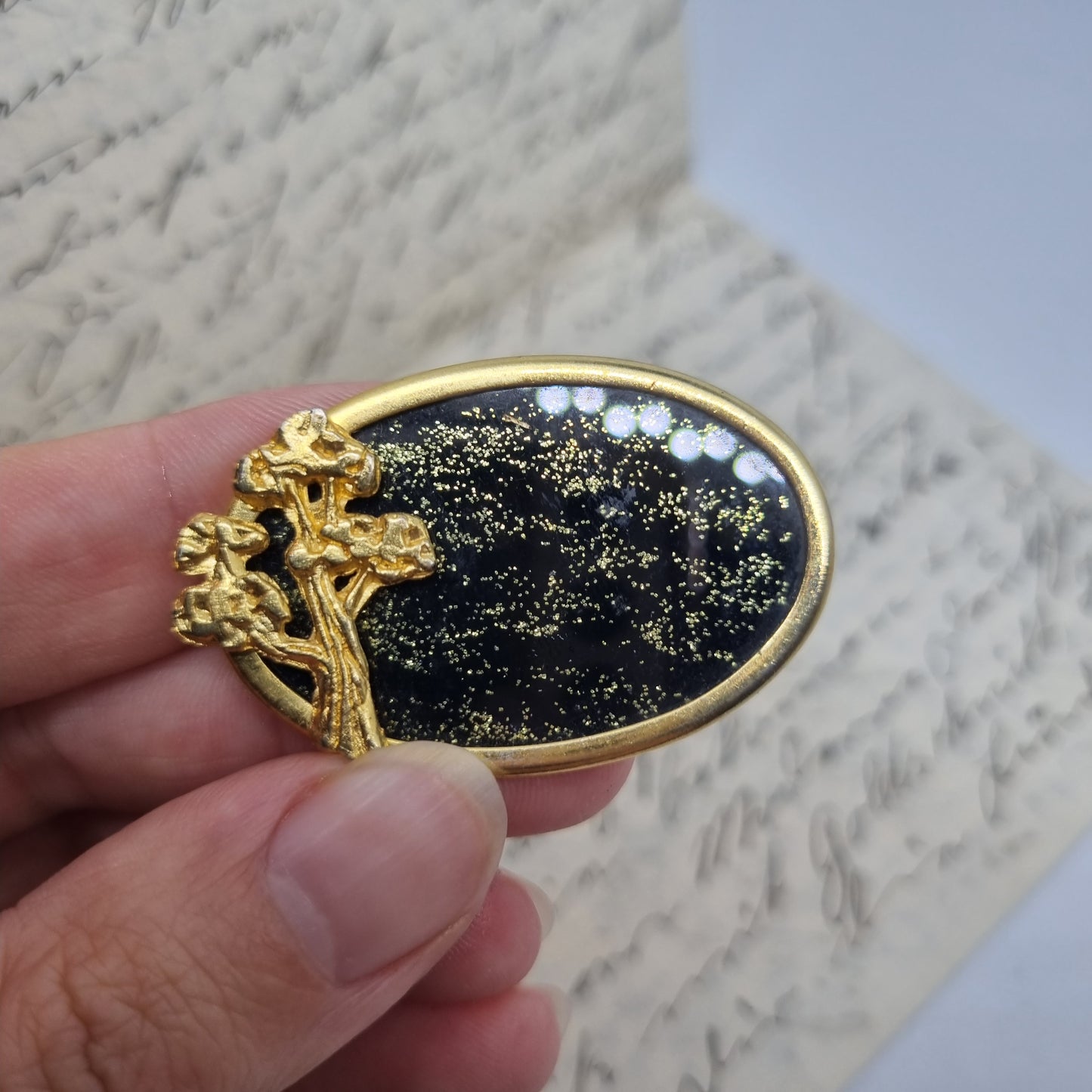 Einzigartige Antik Brosche aus den 50ern Modeschmuck "Tree of Life" Gold Schwarz