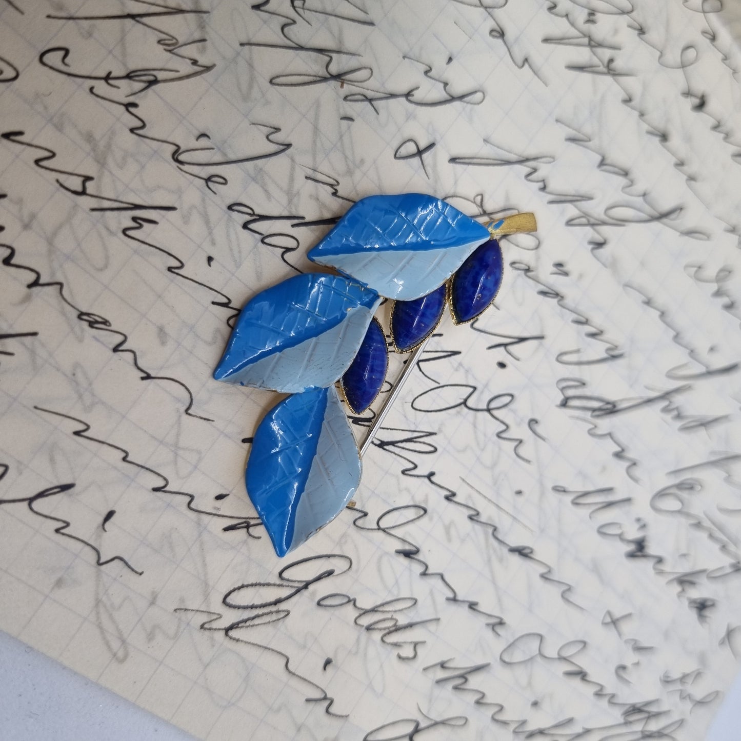 Einzigartige Antik Brosche aus den 50ern Modeschmuck Blaue Blätter Blatt Leaf