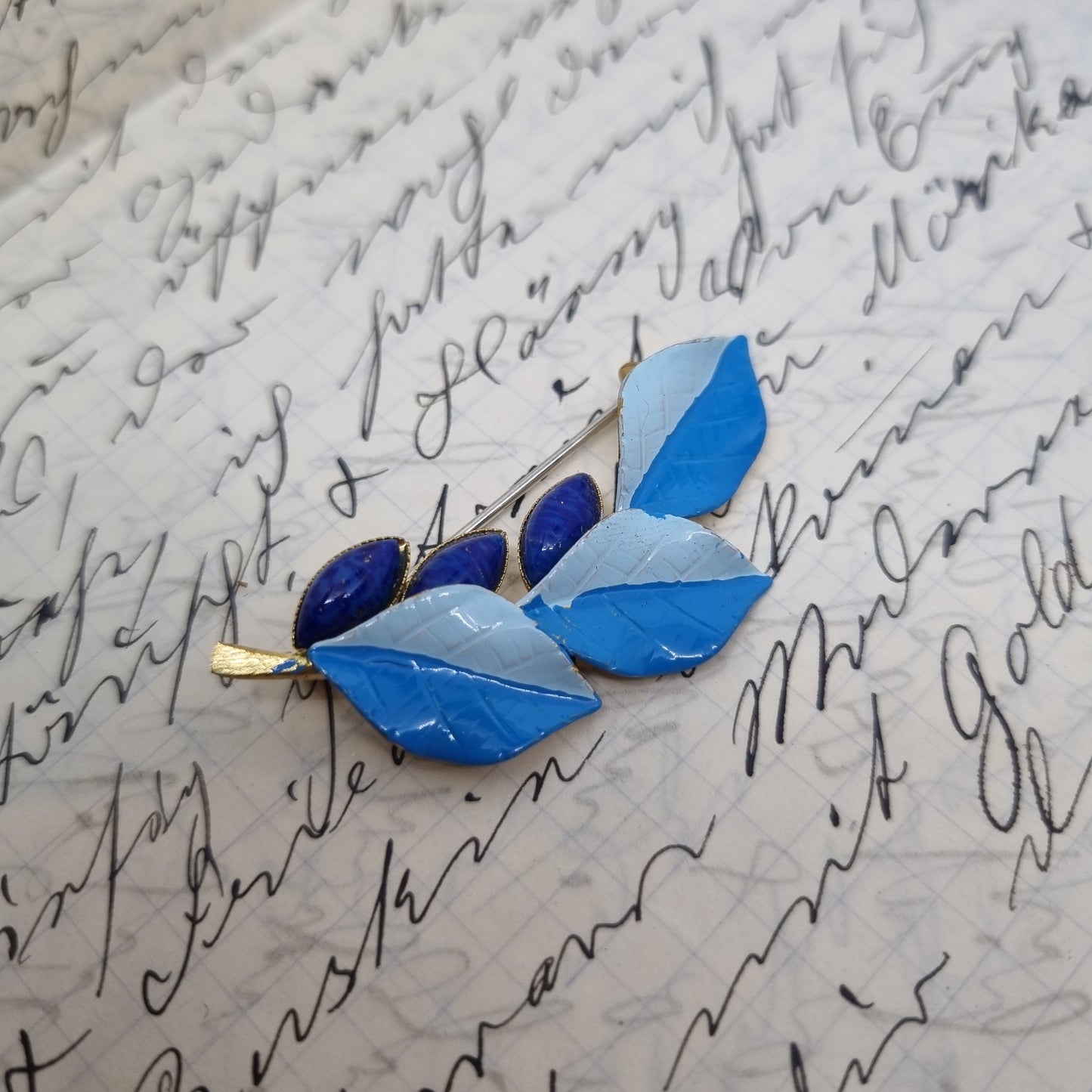 Einzigartige Antik Brosche aus den 50ern Modeschmuck Blaue Blätter Blatt Leaf