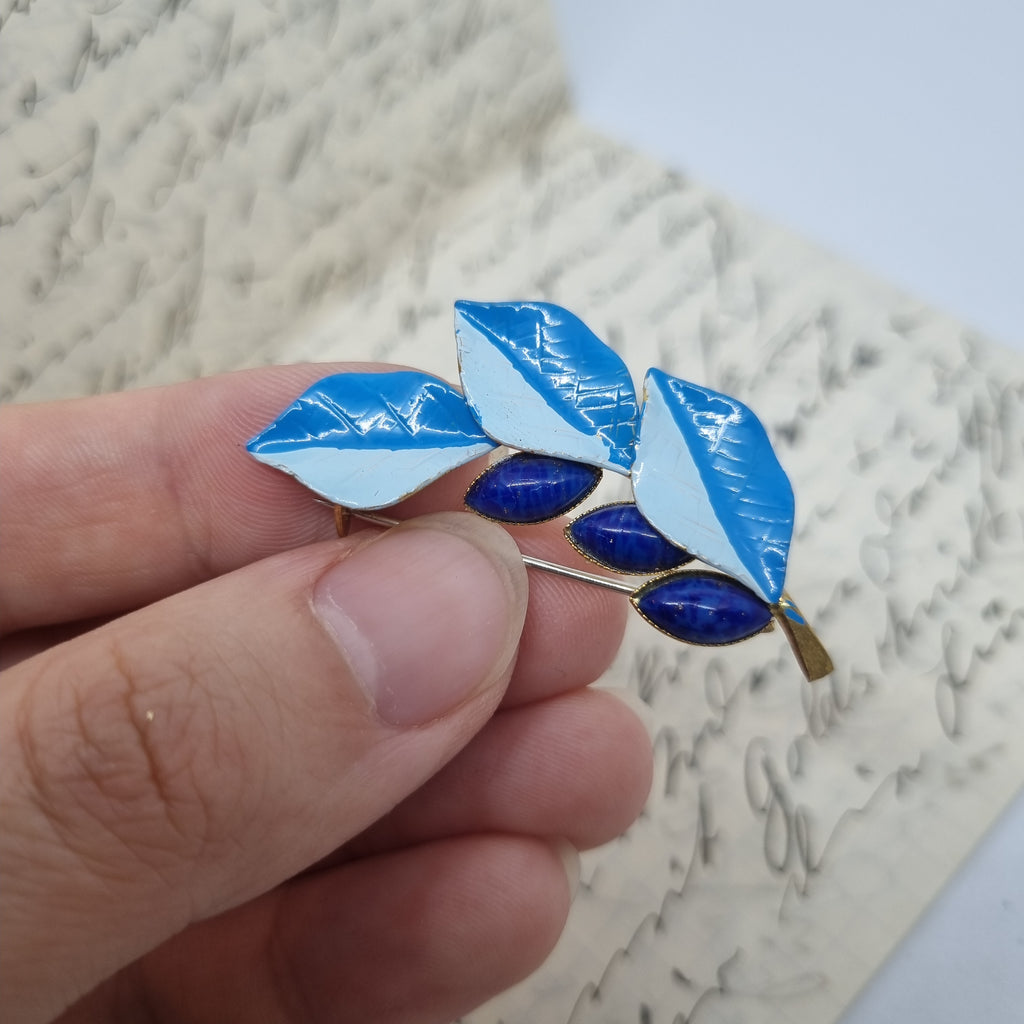 Einzigartige Antik Brosche aus den 50ern Modeschmuck Blaue Blätter Blatt Leaf