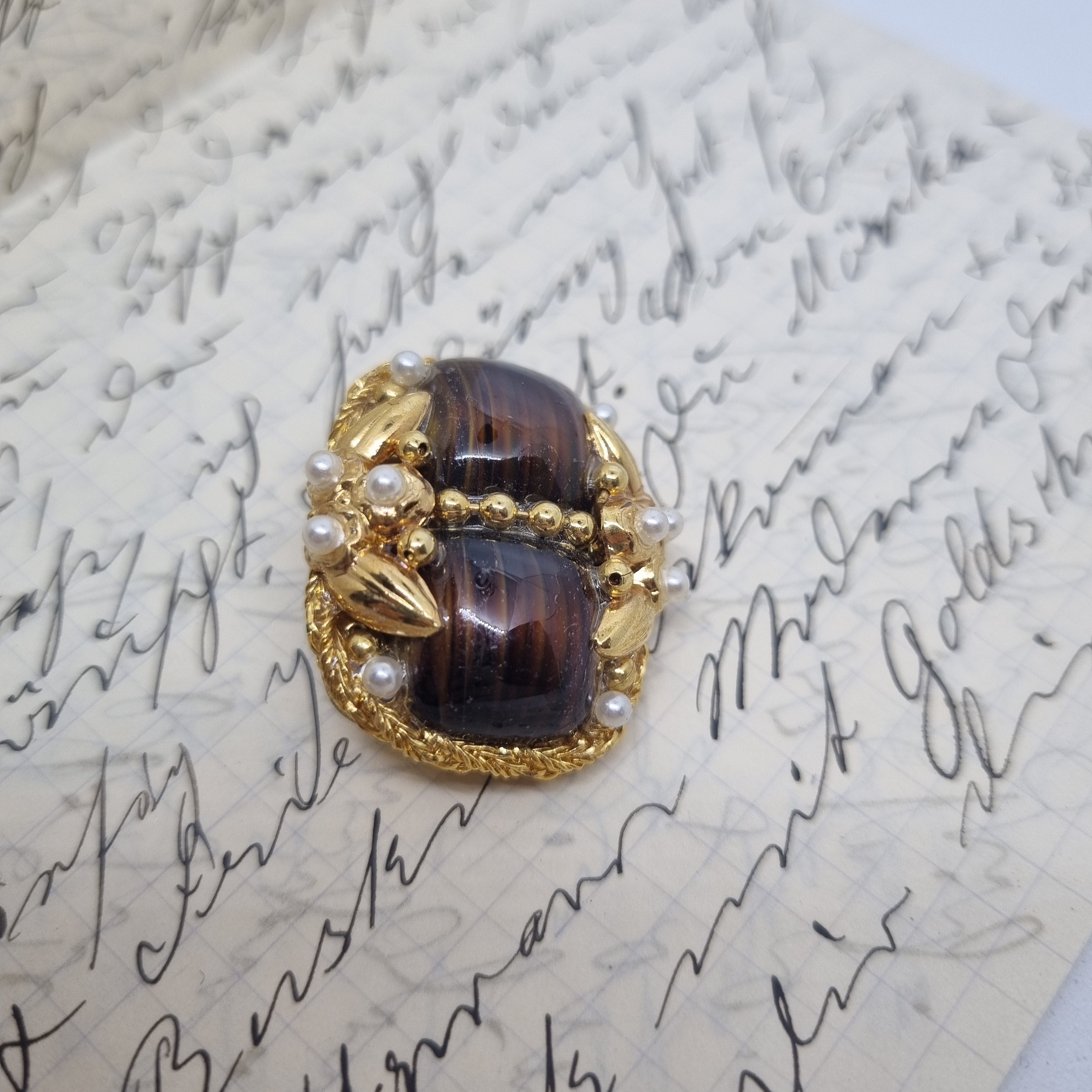 Einzigartige Antik Brosche aus den 50ern Modeschmuck Gold Braun