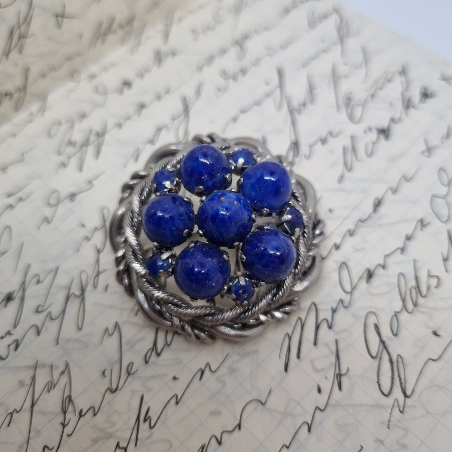 Einzigartige große Antik Brosche aus den 50ern Modeschmuck Silber Royalblau "Lady Midnight"