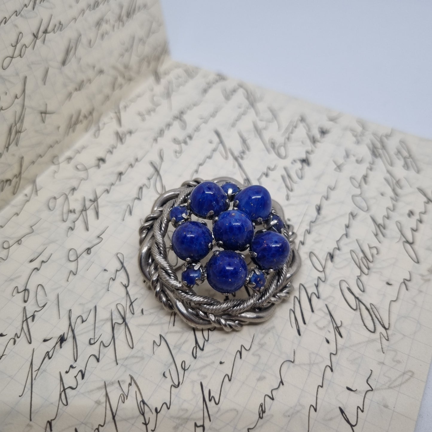 Einzigartige große Antik Brosche aus den 50ern Modeschmuck Silber Royalblau "Lady Midnight"