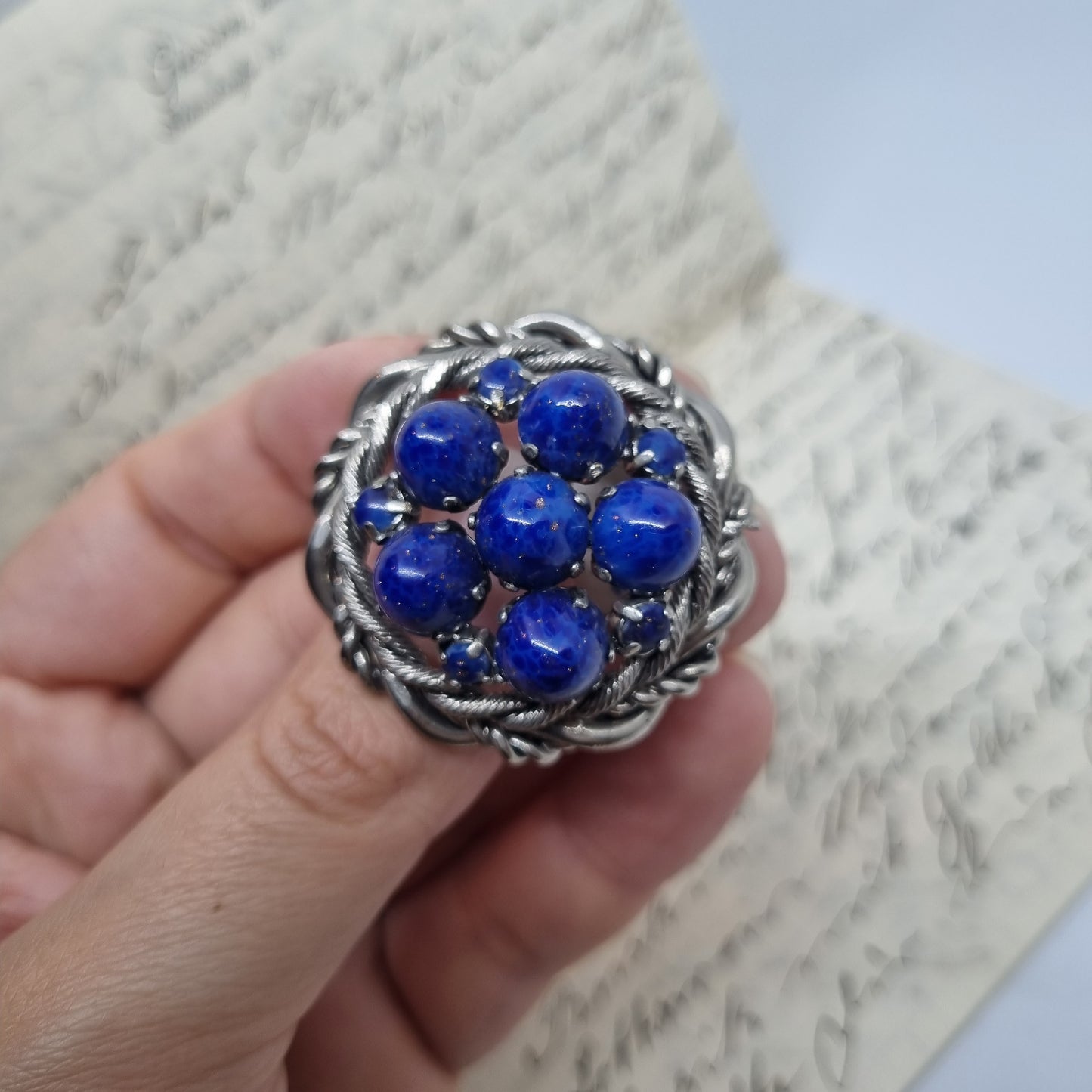 Einzigartige große Antik Brosche aus den 50ern Modeschmuck Silber Royalblau "Lady Midnight"