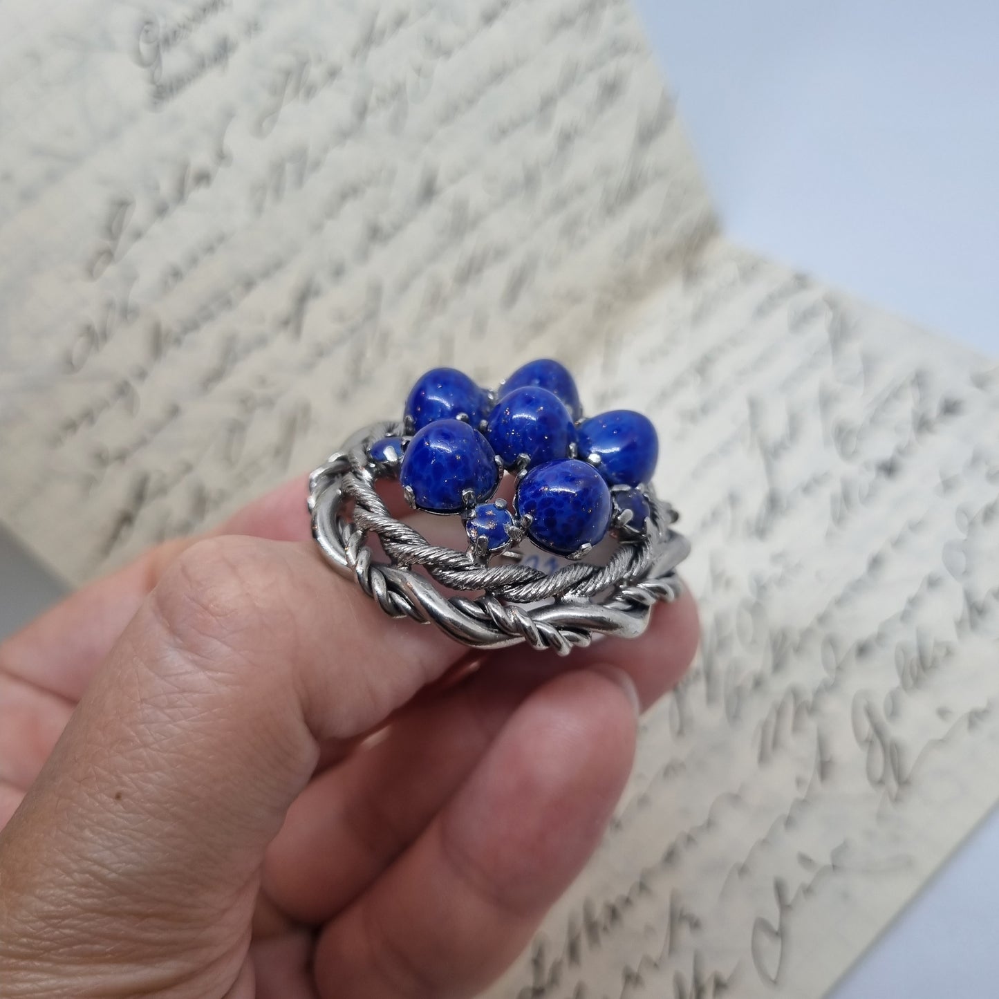 Einzigartige große Antik Brosche aus den 50ern Modeschmuck Silber Royalblau "Lady Midnight"