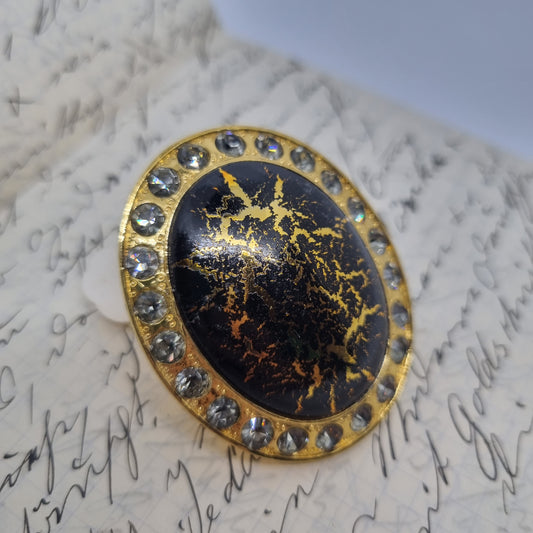 Einzigartige große Tuchbrosche Antik Brosche aus den 50ern Modeschmuck Oval Gold mit Strass Schwarz