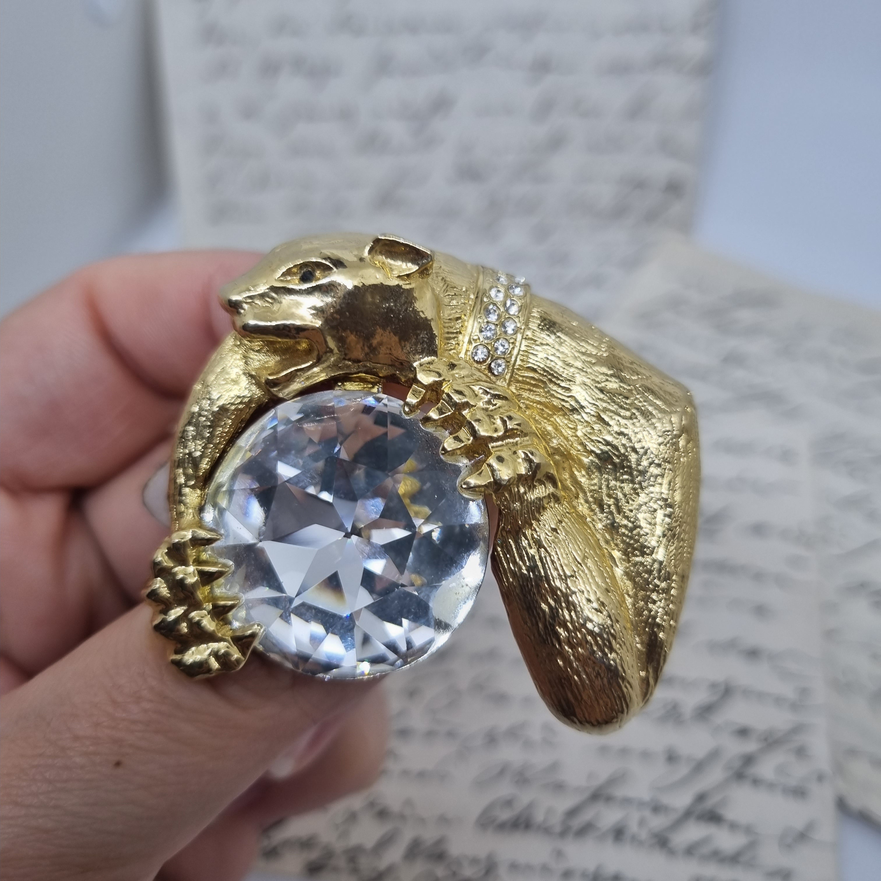 Einzigartige Vintage Brosche Antik 50er Jahre Gold Puma Raubkatze Strass Edelstein
