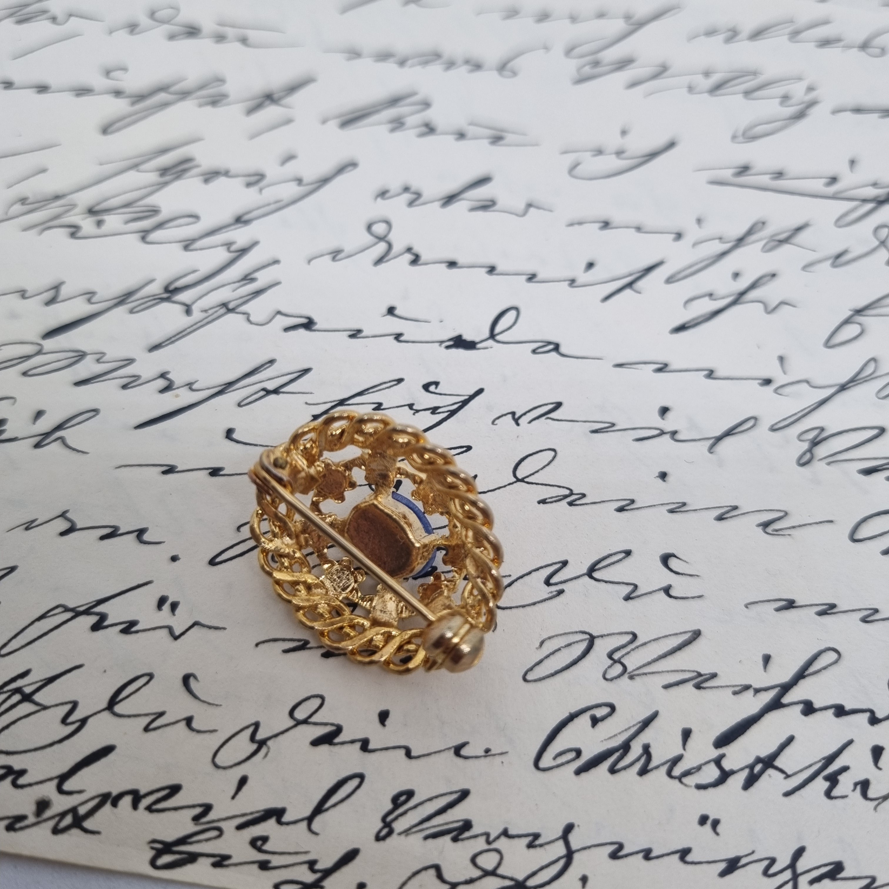 Einzigartige Art Jugendstil Vintage Brosche Antik 50er Jahre Gold unechte Perlen Blau