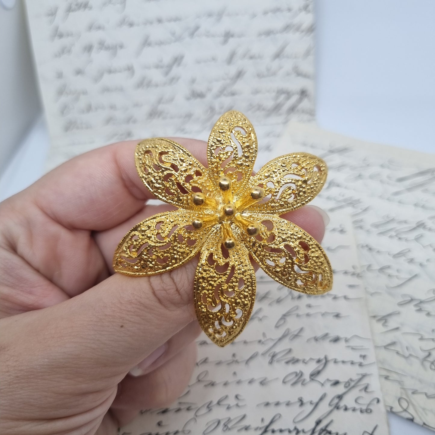 Einzigartige Art Jugendstil Vintage Brosche Antik 50er Jahre Lilie Blume Blüte Gold