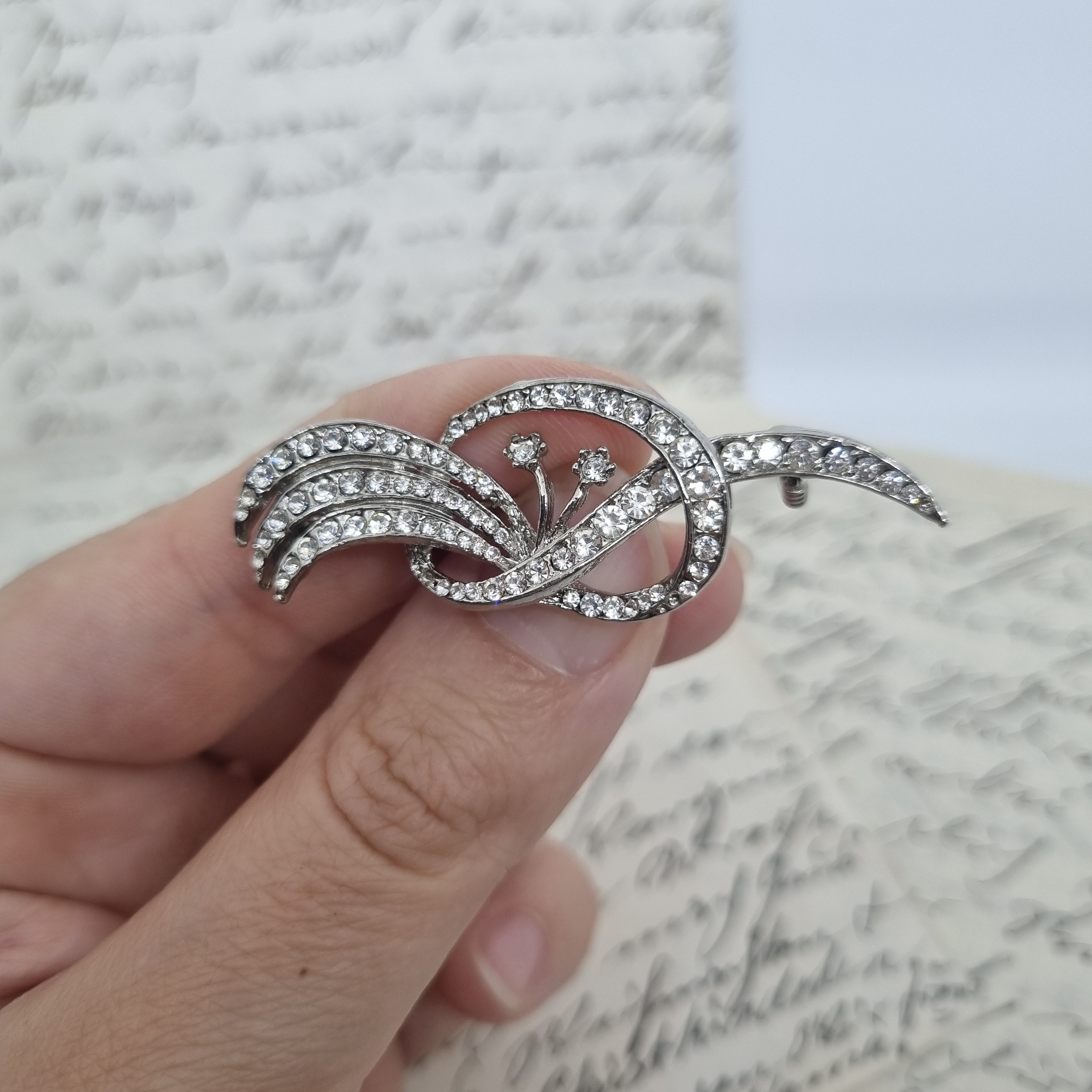 Einzigartige Art Jugendstil  Vintage Brosche Antik 50er Jahre Silber Strass