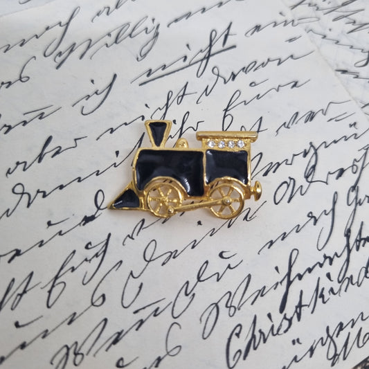 Pin Lokomotive Zug Einzigartige Vintage Brosche Antik 50er Jahre Gold Schwarz Strass