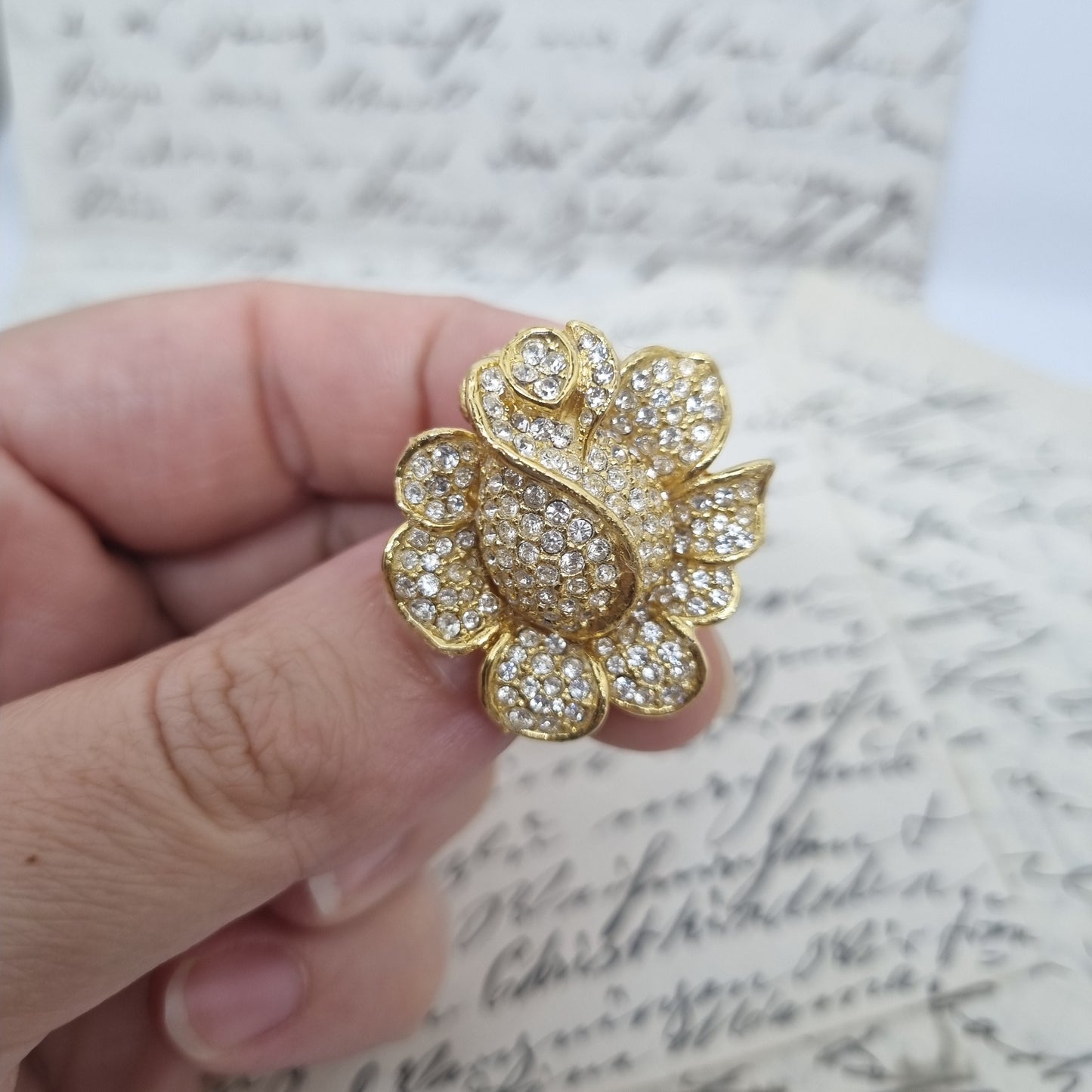 Einzigartige Vintage Brosche Antik 50er Jahre Rosen Blüte Gold Strass Knospe