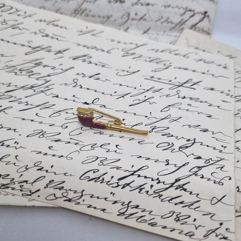 Pin Pfeife Tabak Vintage Brosche Antik 50er Jahre Gold Weinrot
