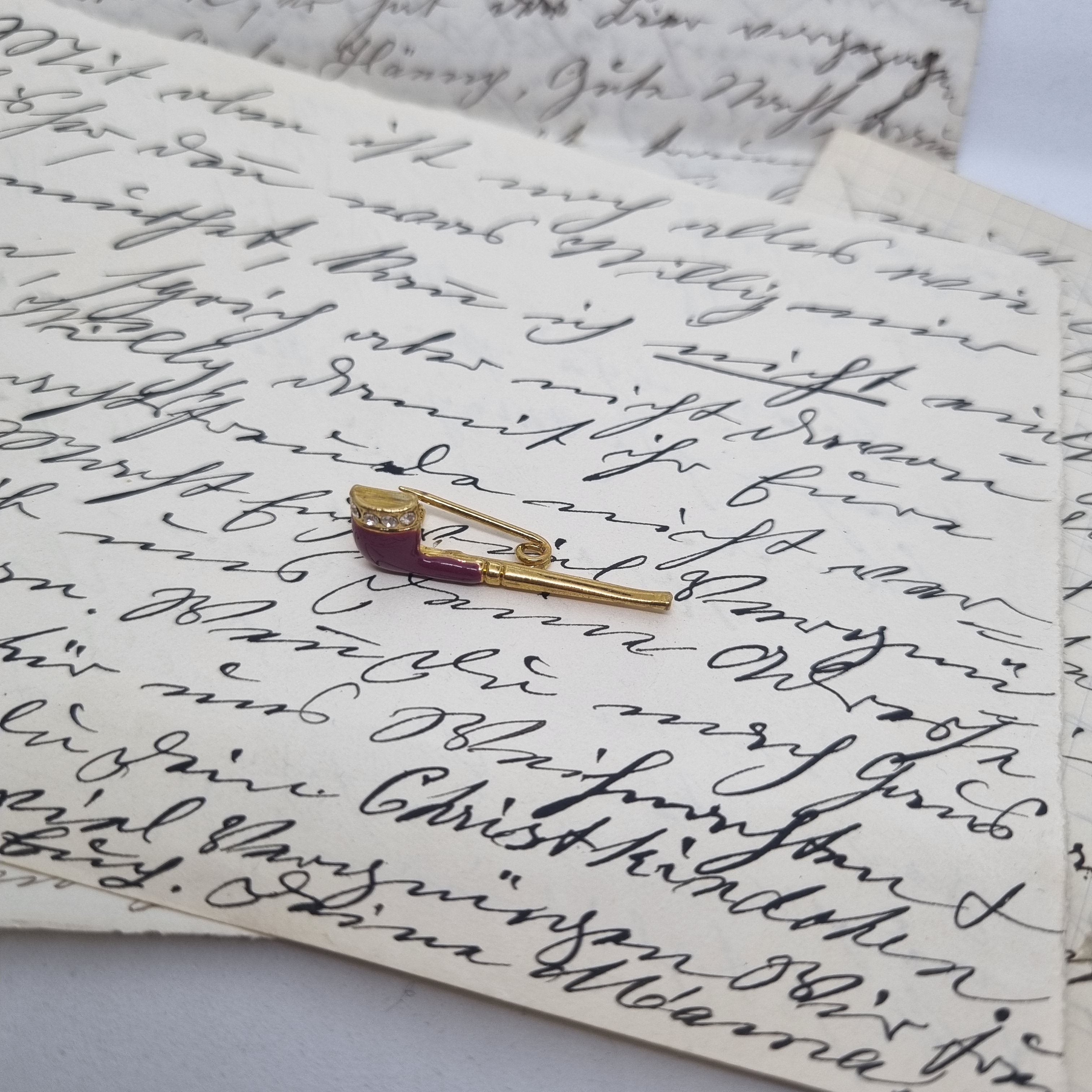 Pin Pfeife Tabak Vintage Brosche Antik 50er Jahre Gold Weinrot