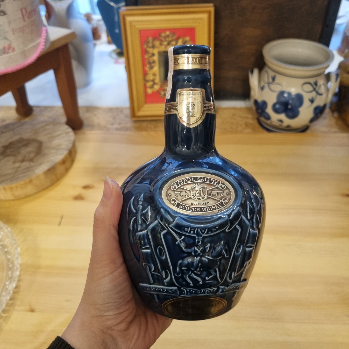 Vase Scotch Wisky Flasche Blau Keramik Vintage