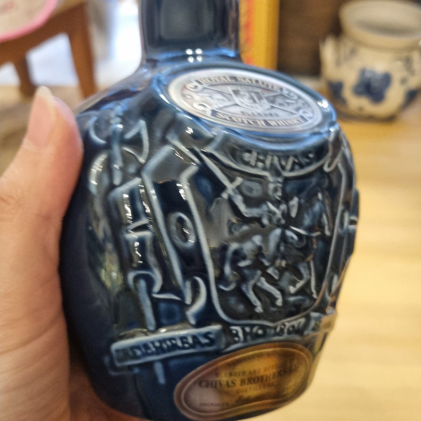 Vase Scotch Wisky Flasche Blau Keramik Vintage