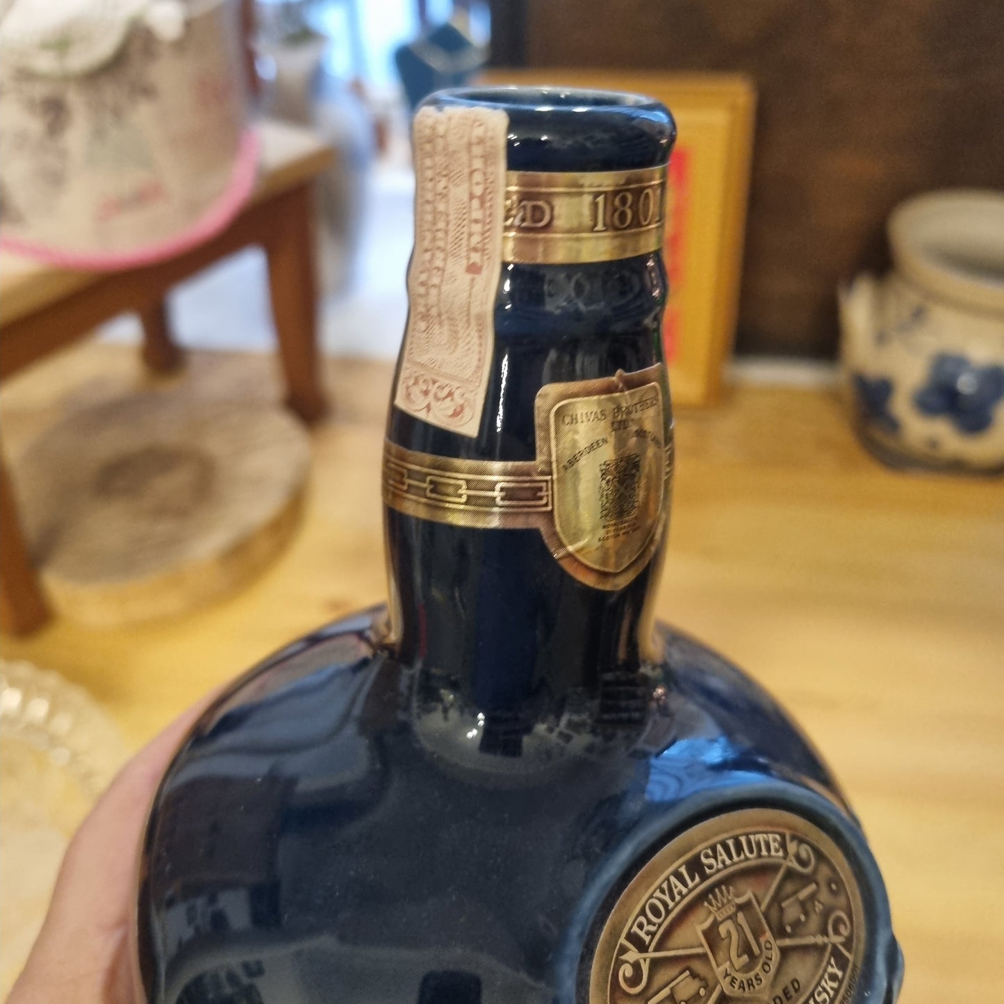 Vase Scotch Wisky Flasche Blau Keramik Vintage