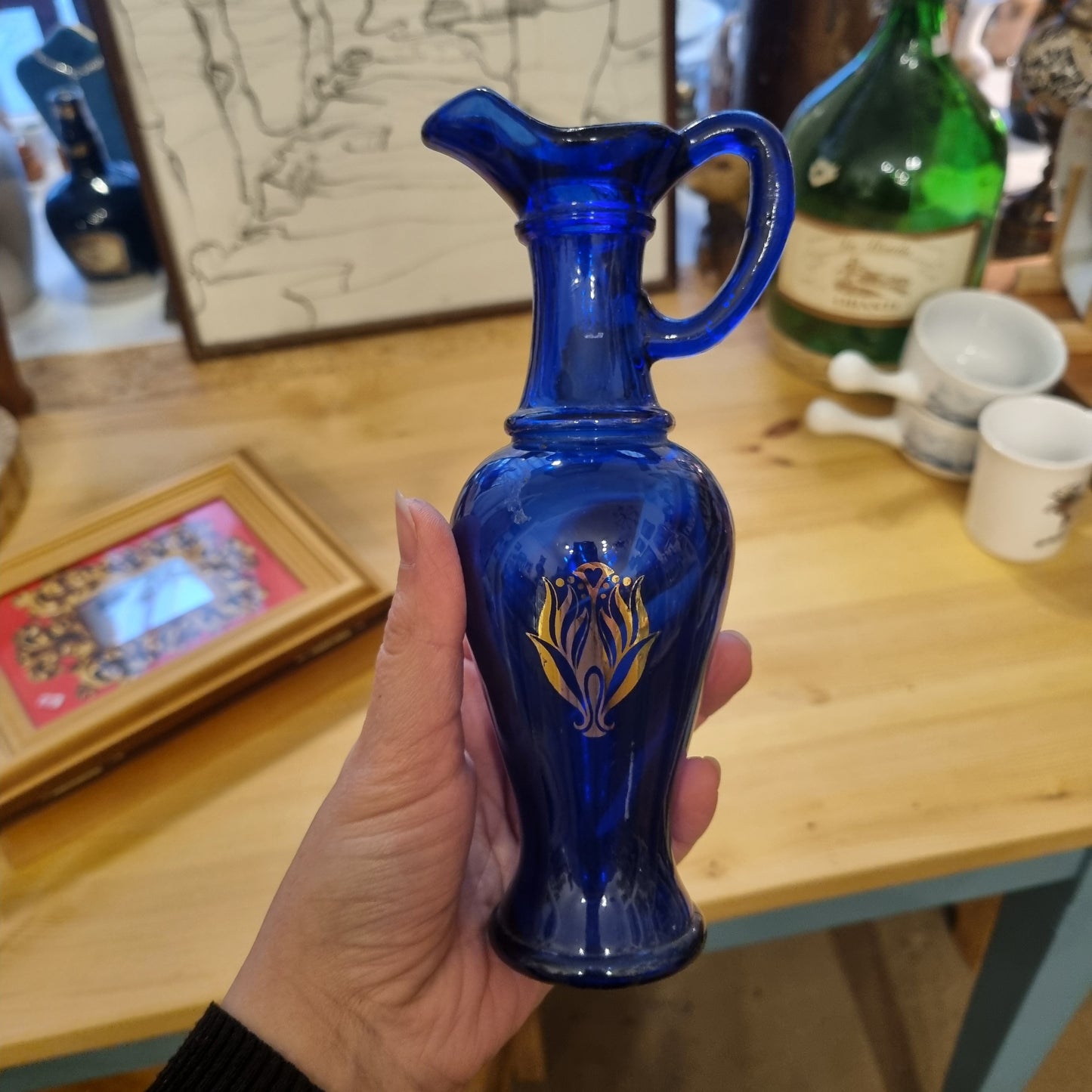 Blaue Glas Vase klein Pressglas gold