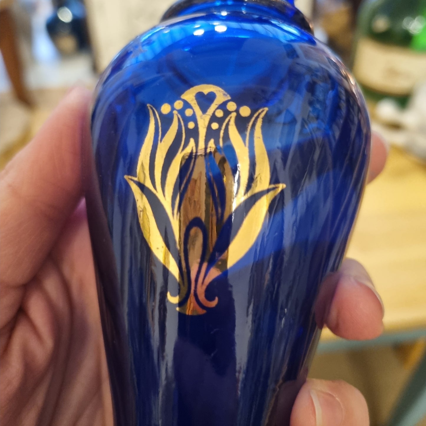 Blaue Glas Vase klein Pressglas gold