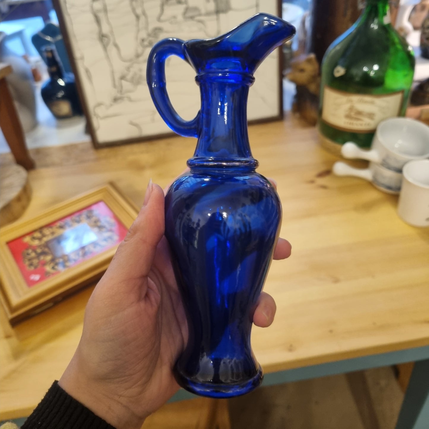 Blaue Glas Vase klein Pressglas gold