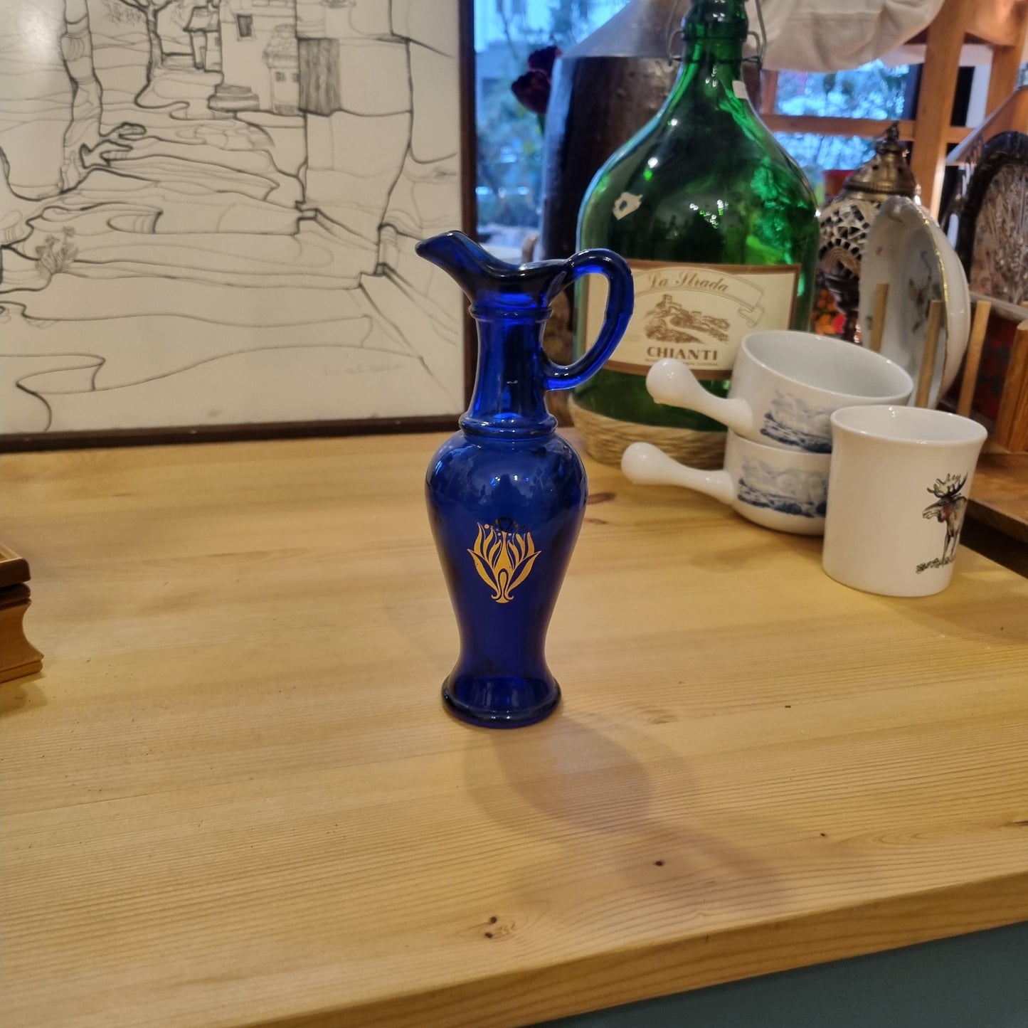 Blaue Glas Vase klein Pressglas gold