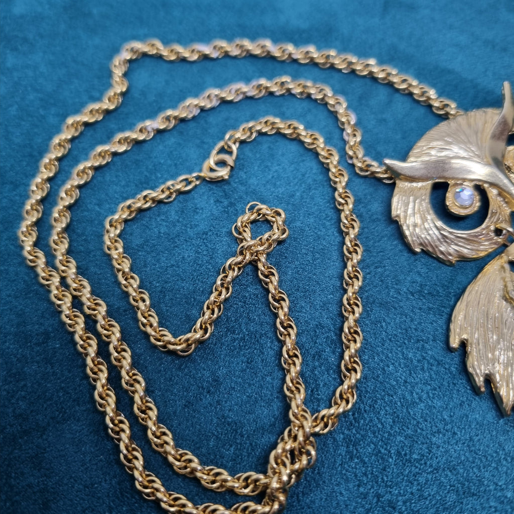 Hübsche Vintage Halskette Handmade Kette Strass Gold Eule Statment Groß
