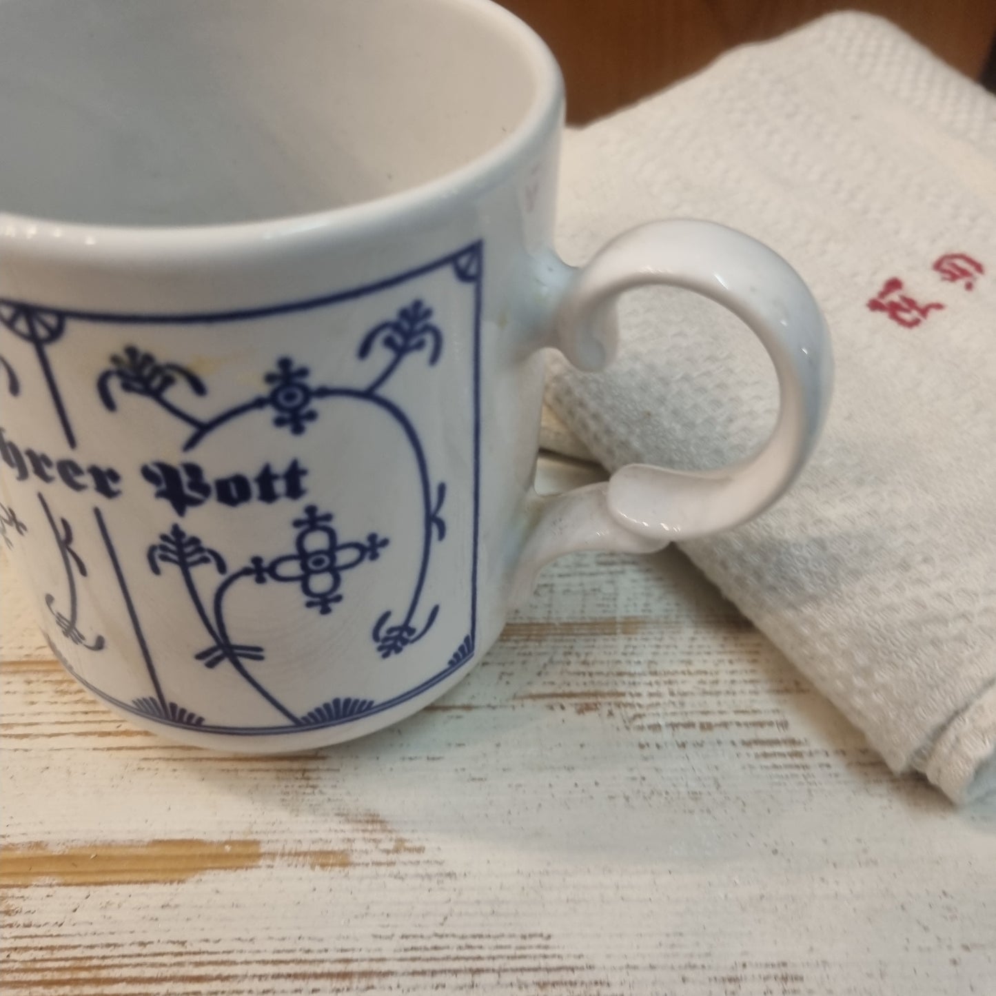 Große Porzellan Tasse "Föhrer Gott"Echt Kobalt Germany Rösler Pott Kaffee Tee