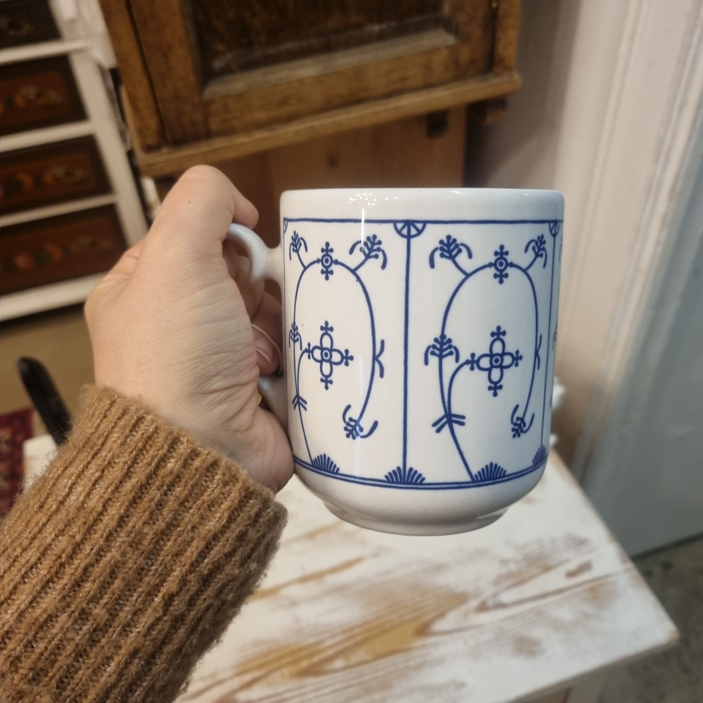 Große Porzellan Tasse "Föhrer Gott"Echt Kobalt Germany Rösler Pott Kaffee Tee