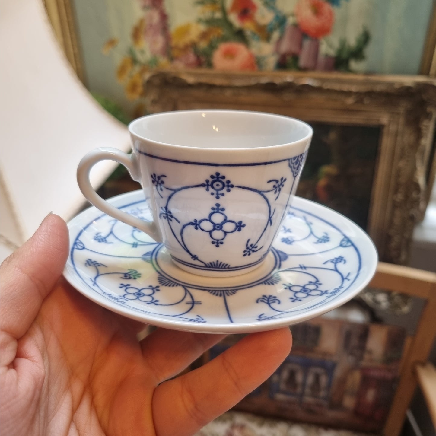 Vintage Jager Eisenberg 'Blau Saks' Kaffeetassen Tee Tasse Untertasse Set Strohblume