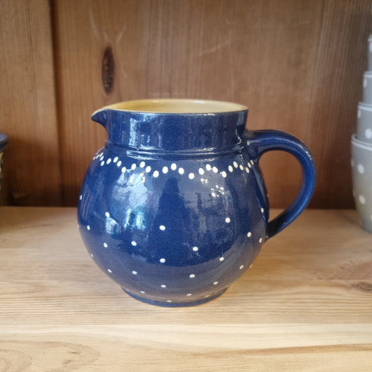Alte 50er Jahre Midcentury Krug Vase blau weiß Punkte gepunktet
