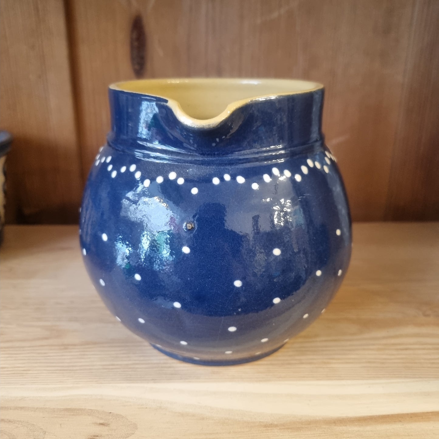 Alte 50er Jahre Midcentury Krug Vase blau weiß Punkte gepunktet