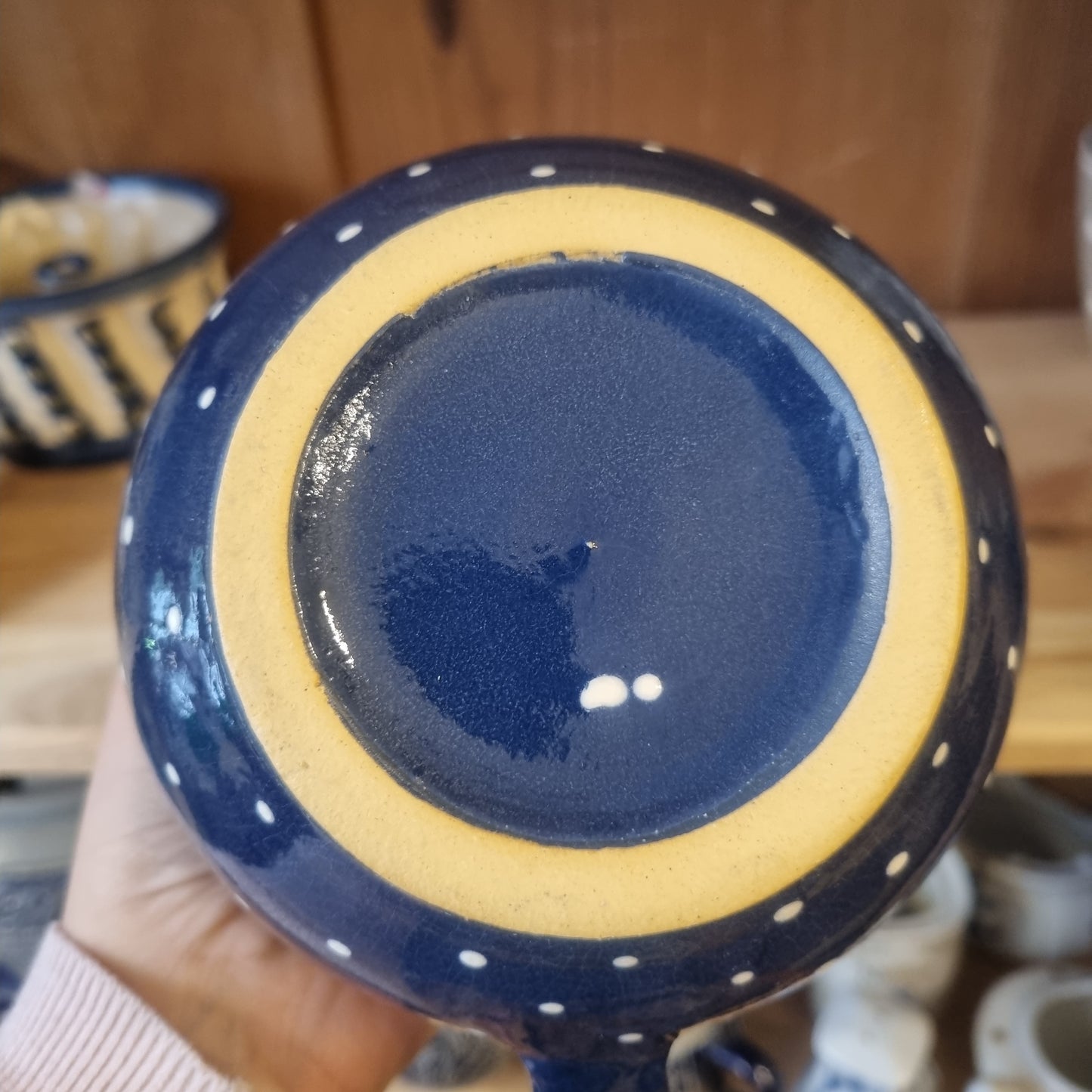 Alte 50er Jahre Midcentury Krug Vase blau weiß Punkte gepunktet