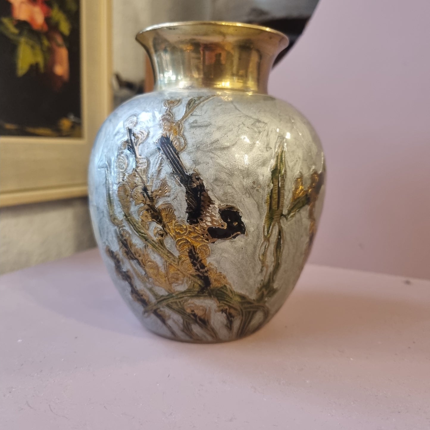 Alte Messing Vase Emaille Malerei Vogel Motiv