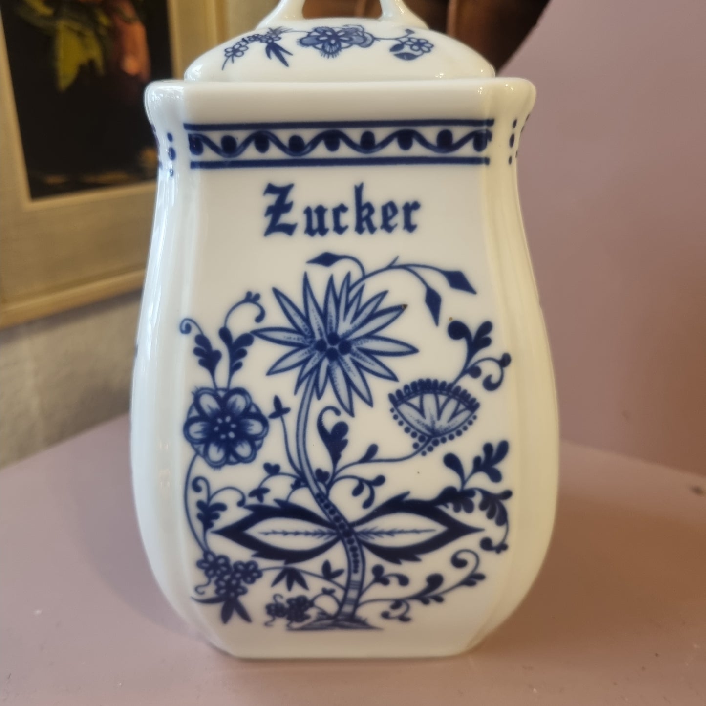 Alte Vorratsdose mit Deckel Zucker Inglasur Weiß Blau Zwiebelmuster