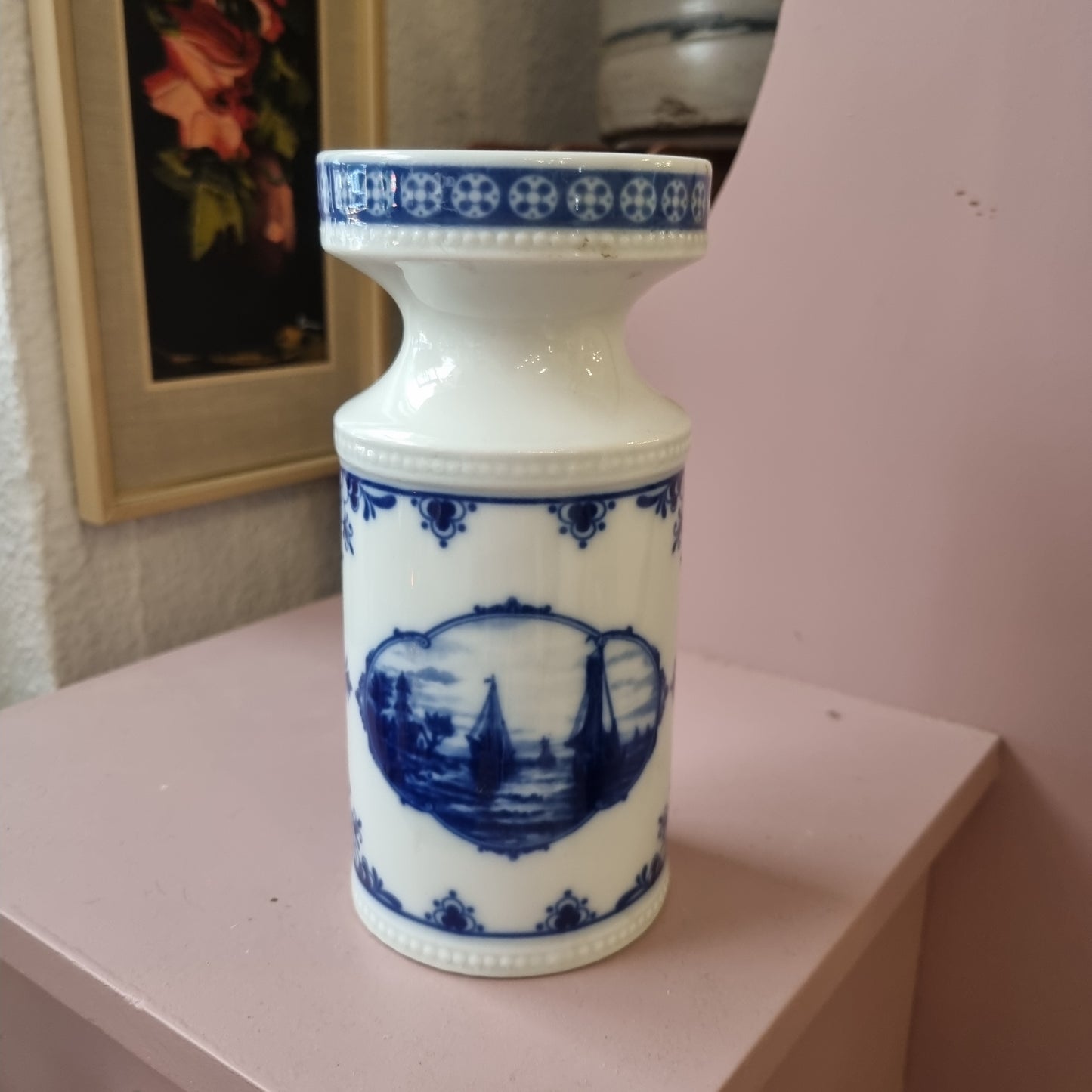 Alte Porzellan Vase Echt Kobalt Fine China Lichte Schiffsmotiv Mühle Hafen