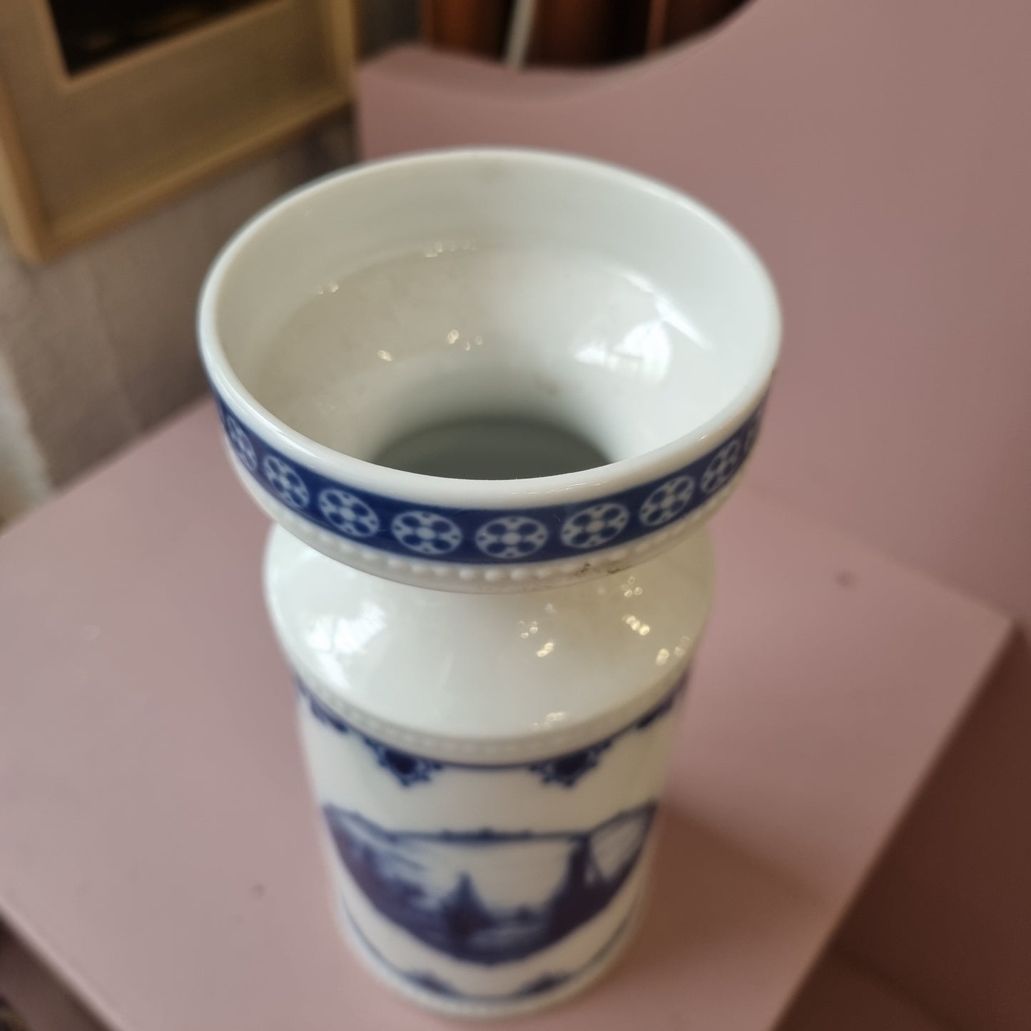 Alte Porzellan Vase Echt Kobalt Fine China Lichte Schiffsmotiv Mühle Hafen