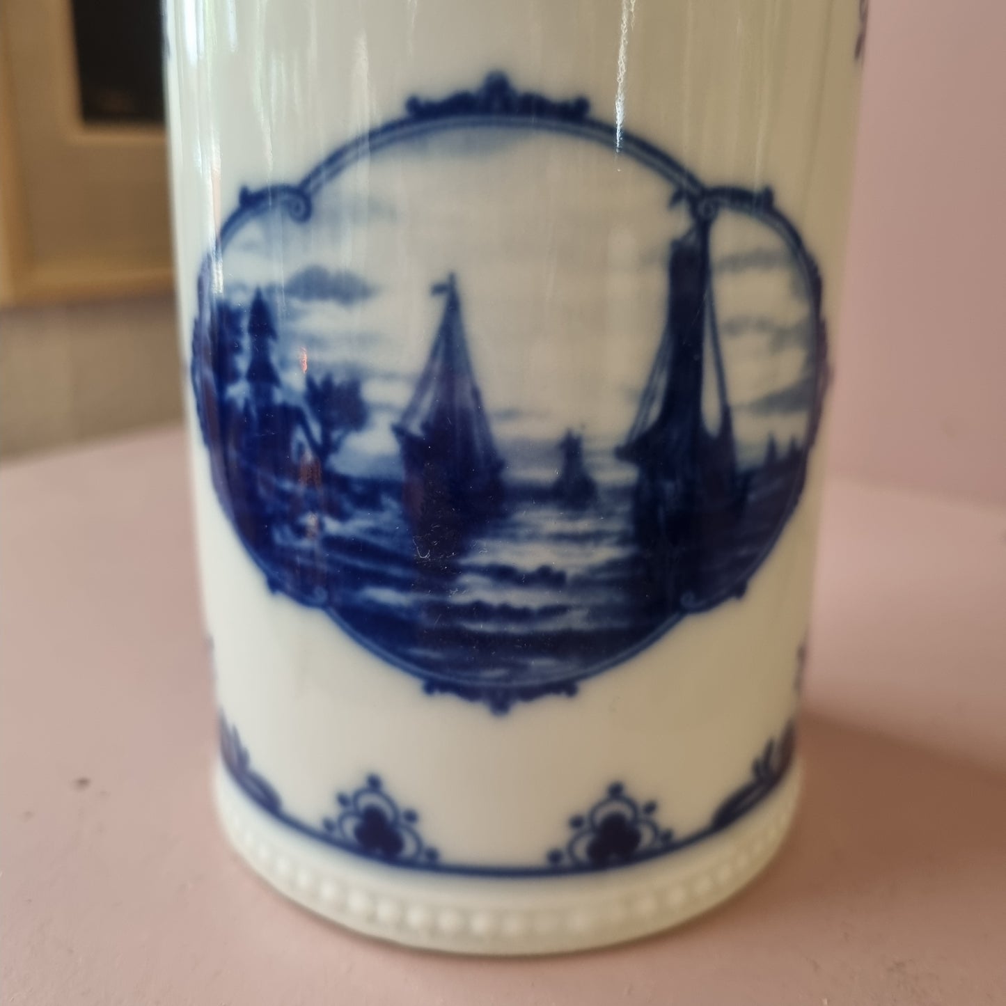 Alte Porzellan Vase Echt Kobalt Fine China Lichte Schiffsmotiv Mühle Hafen