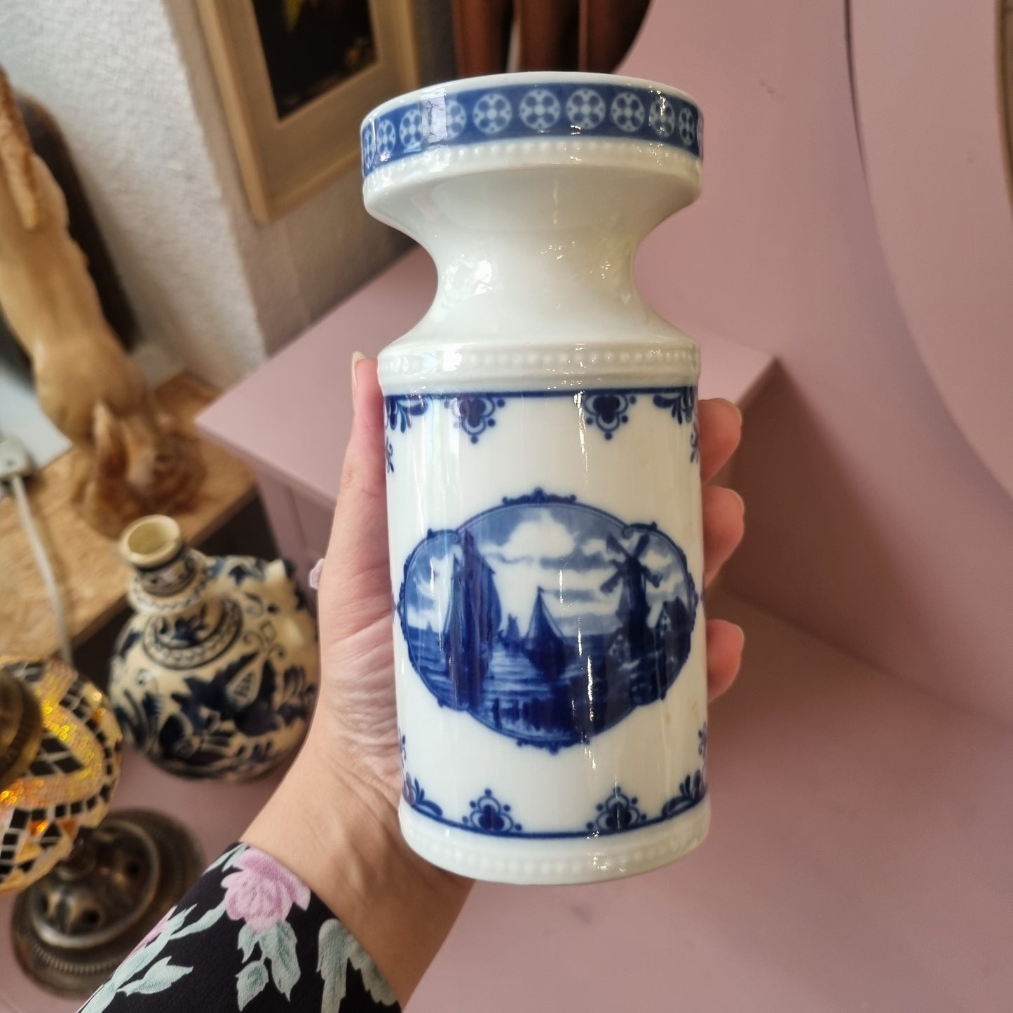 Alte Porzellan Vase Echt Kobalt Fine China Lichte Schiffsmotiv Mühle Hafen