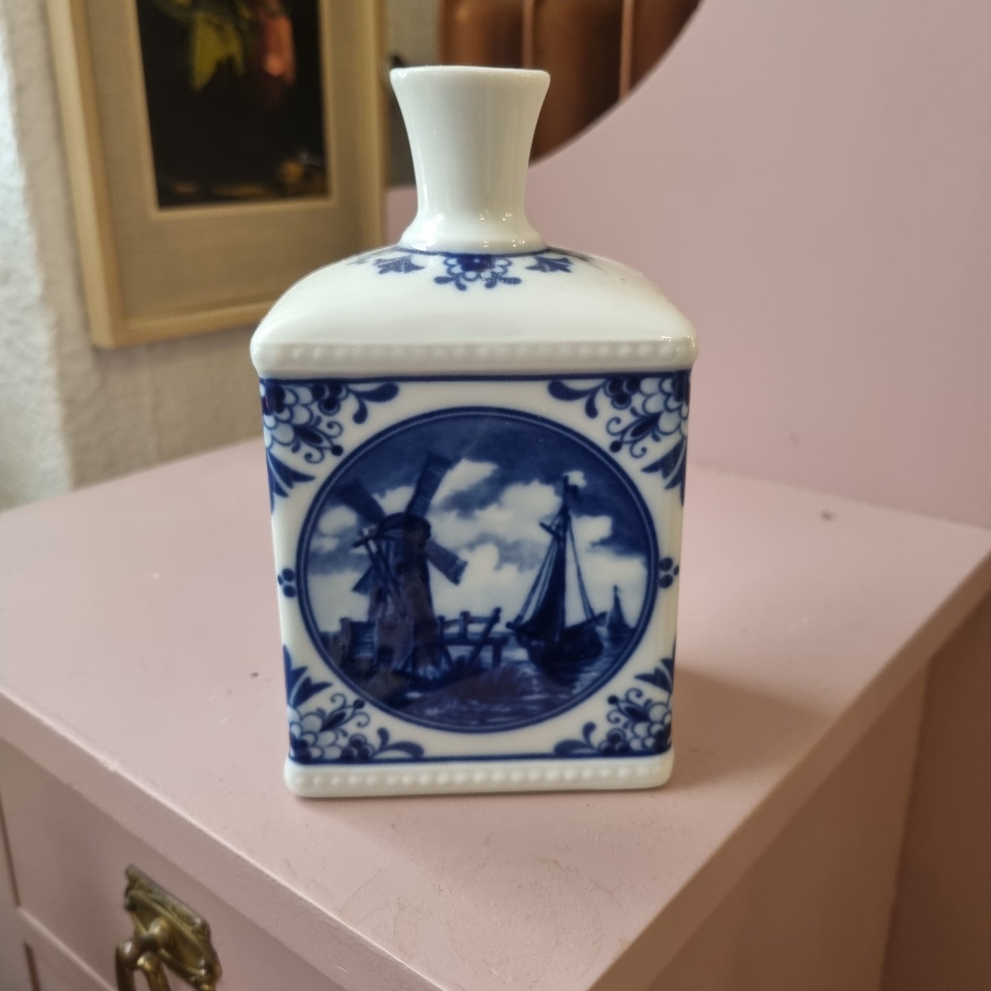 Alte Porzellan Vase Echt Kobalt Fine China Lichte Schiffsmotiv Mühle Hafen