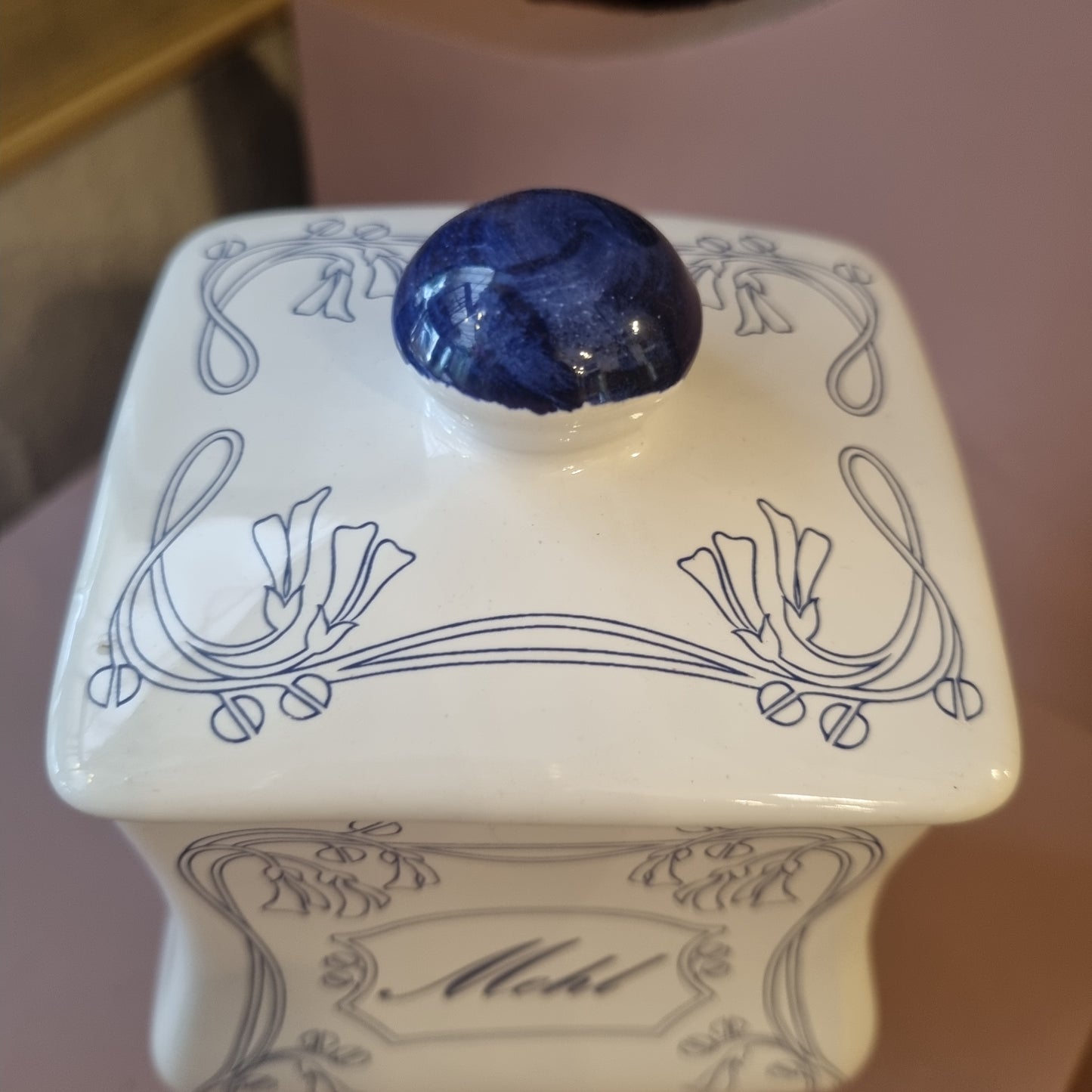 Alte Vorratsdose Biedermeier Stil Mehl weiß blau Porzellan