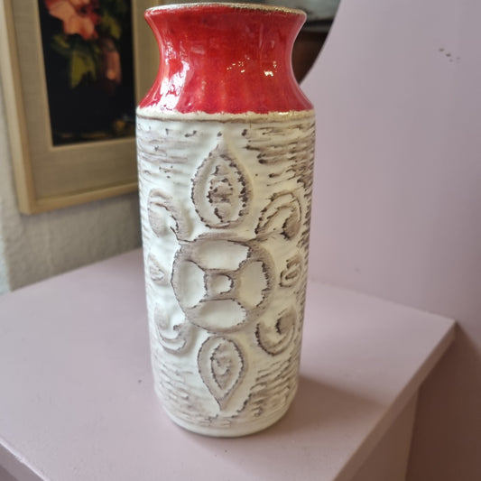 Alte 60er Jahre Steingut Keramik Vase Handmade creme rot Retro Vintage